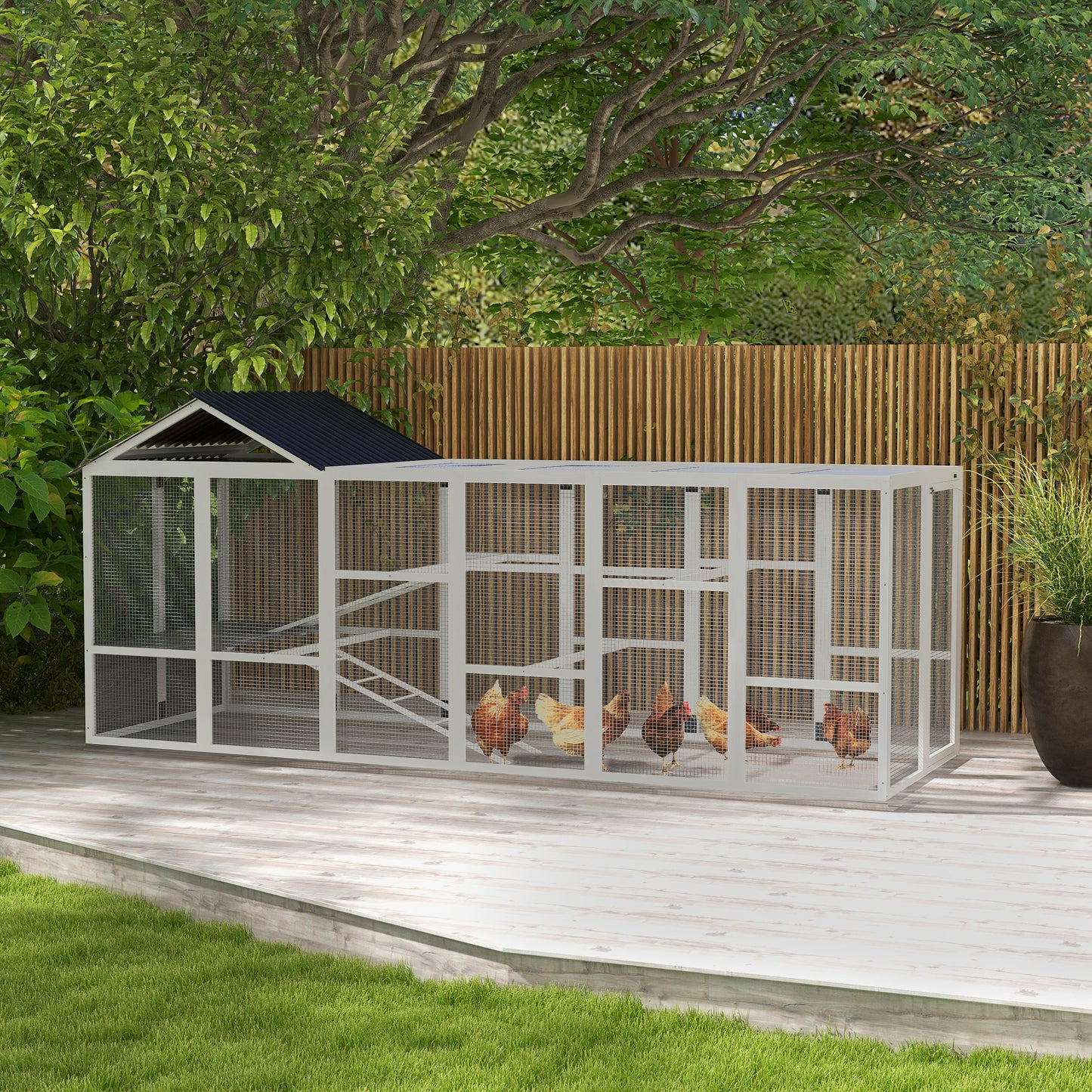 Wooden Chicken Coop Run for 6-10 Chickens with Storage and Perches - Gray, 141.75 x 48 x 61 inches