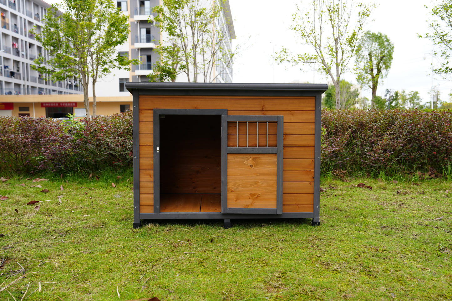 Large Solid Wood Dog House with Waterproof PVC Roof & Breathable Wooden Doors - Gray+Yellow