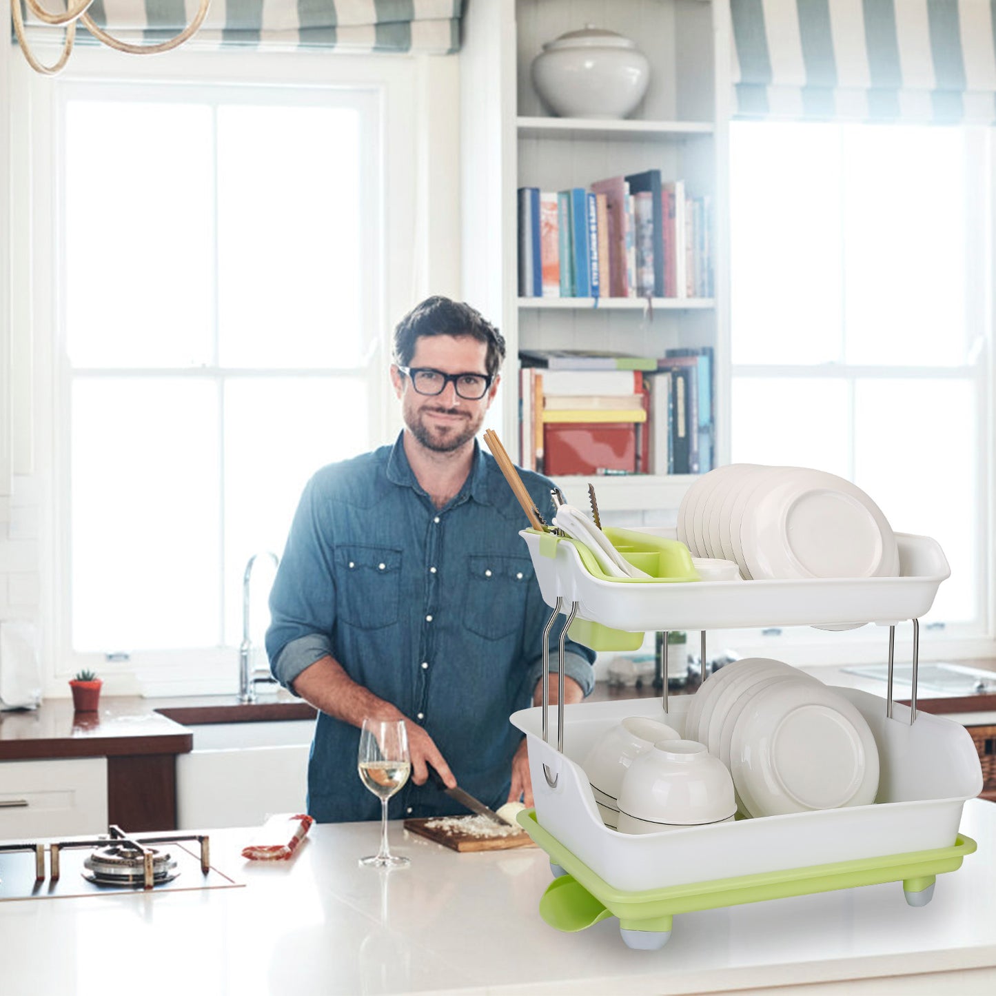 2-Tier Dish Drying Rack and Cutlery Drainer - Green & White