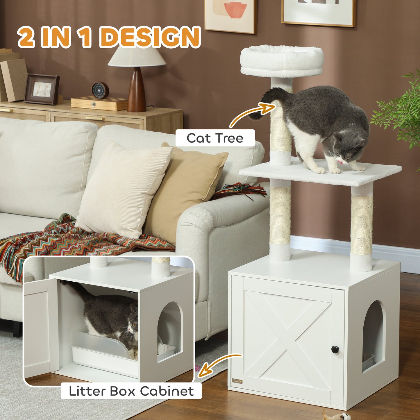 Cat Tree with Litter Box Enclosure and Scratching Posts - White
