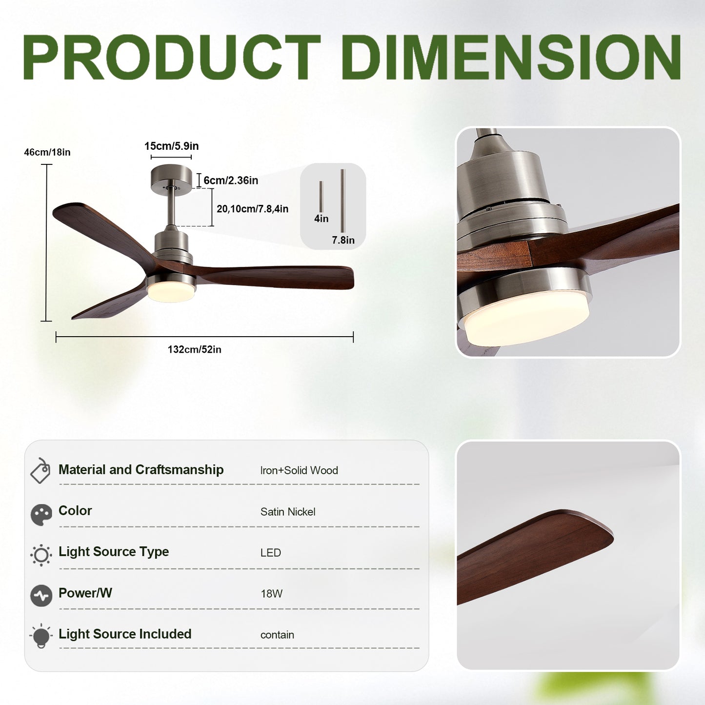 52 Inch Indoor Outdoor Ceiling Fan with Lights and Remote - Modern 3-Blade Design, DC Motor, Brushed Nickel