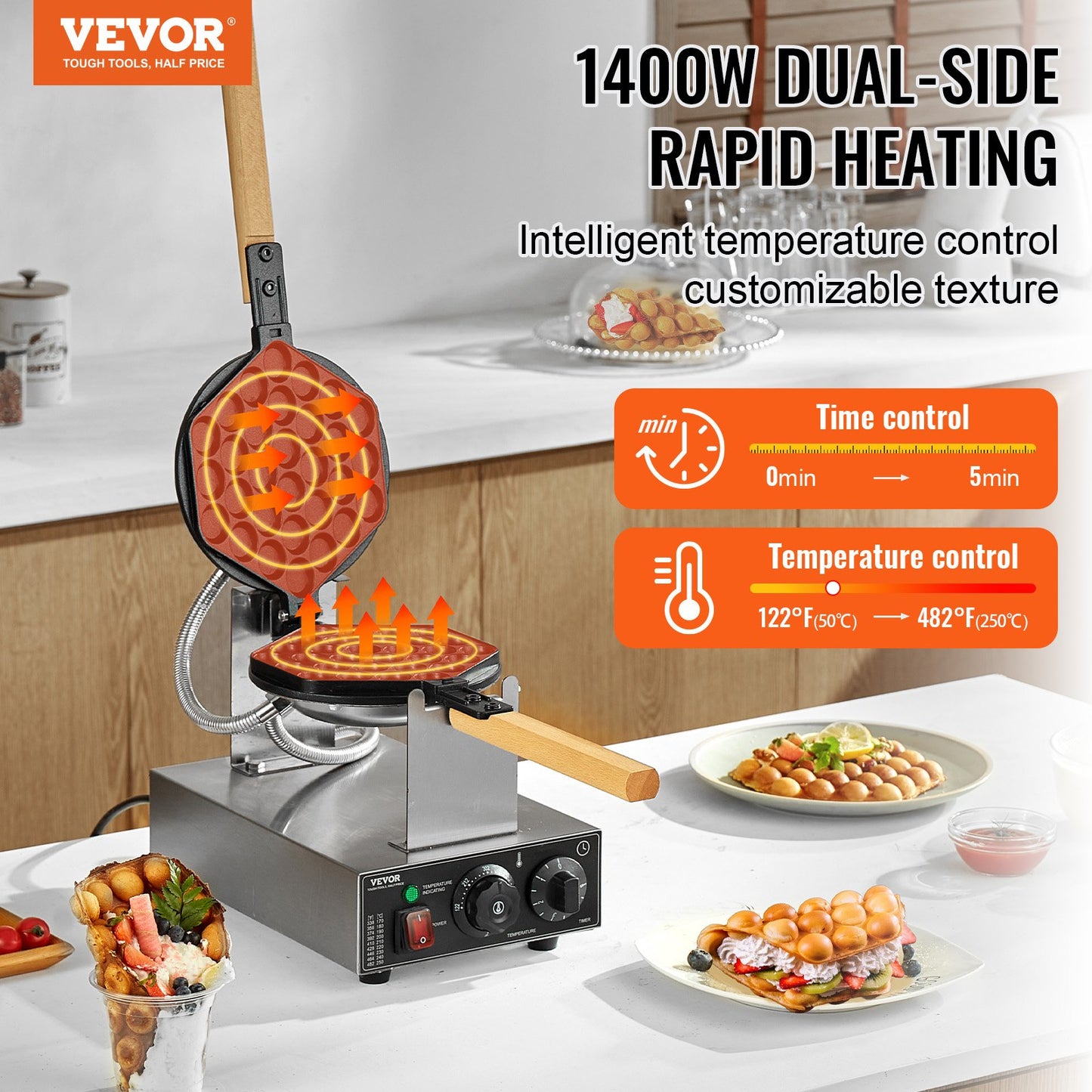 Commercial Bubble Waffle Maker 1400W Egg Pancake Baker Machine Non-Stick