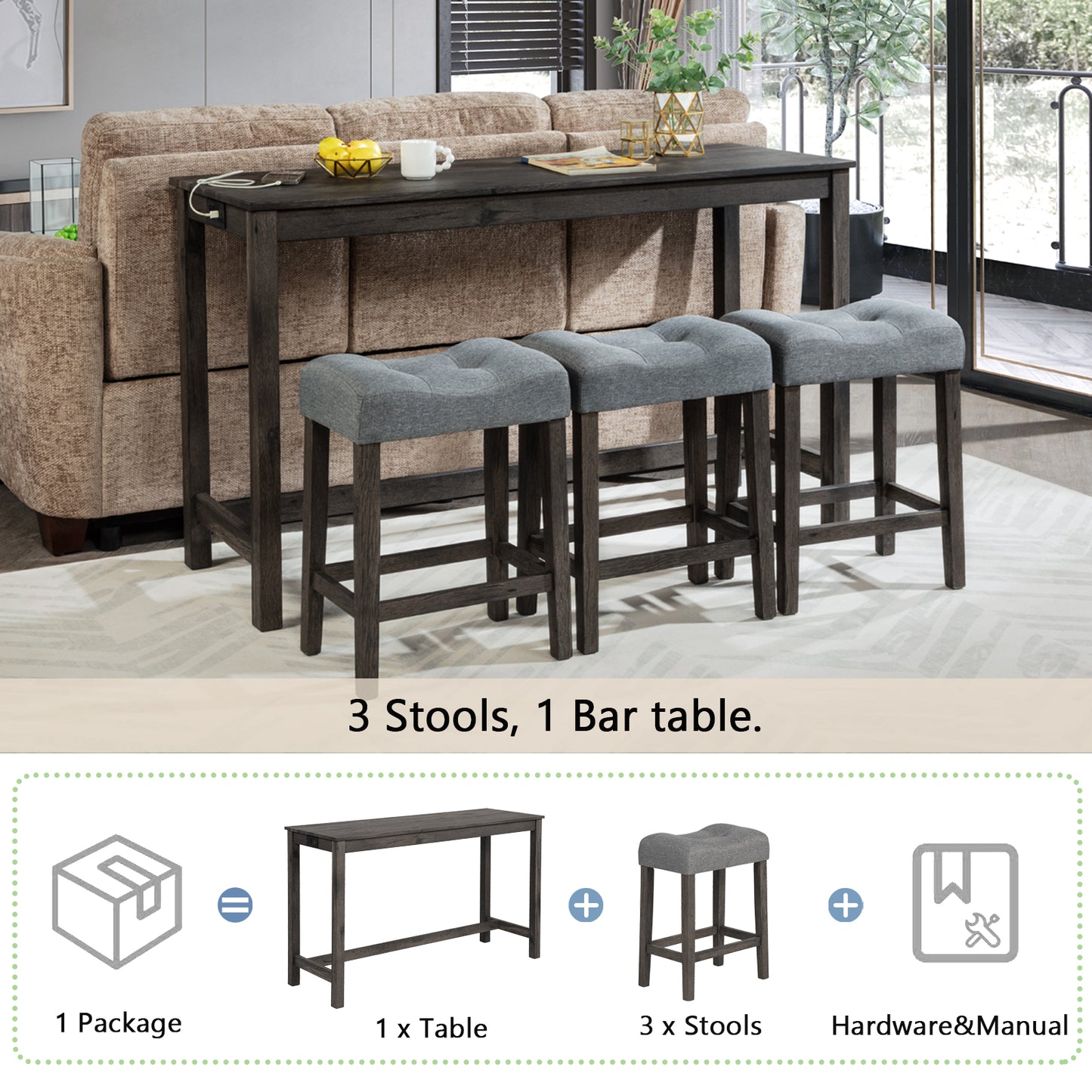 Bar Table Set with Power Outlet & 3 Padded Stools - Dark Gray