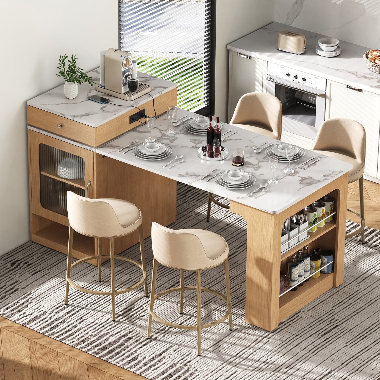 59.5 Kitchen Island With Extendable Dining Table,Kitchen Storage