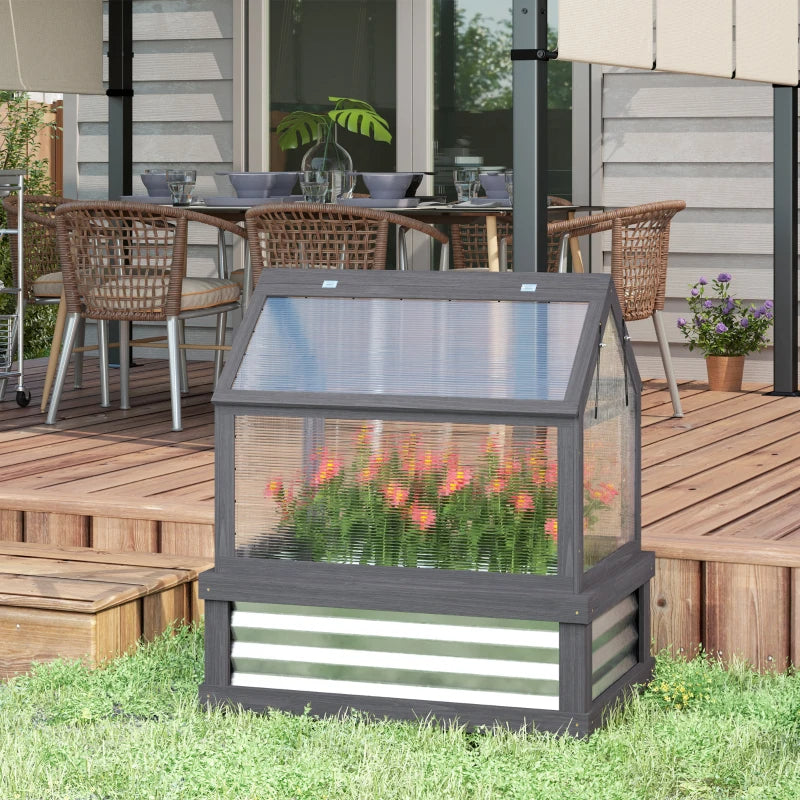 Raised Garden Bed Kit with Greenhouse - Wooden Cold Frame Planter, Gray Silver