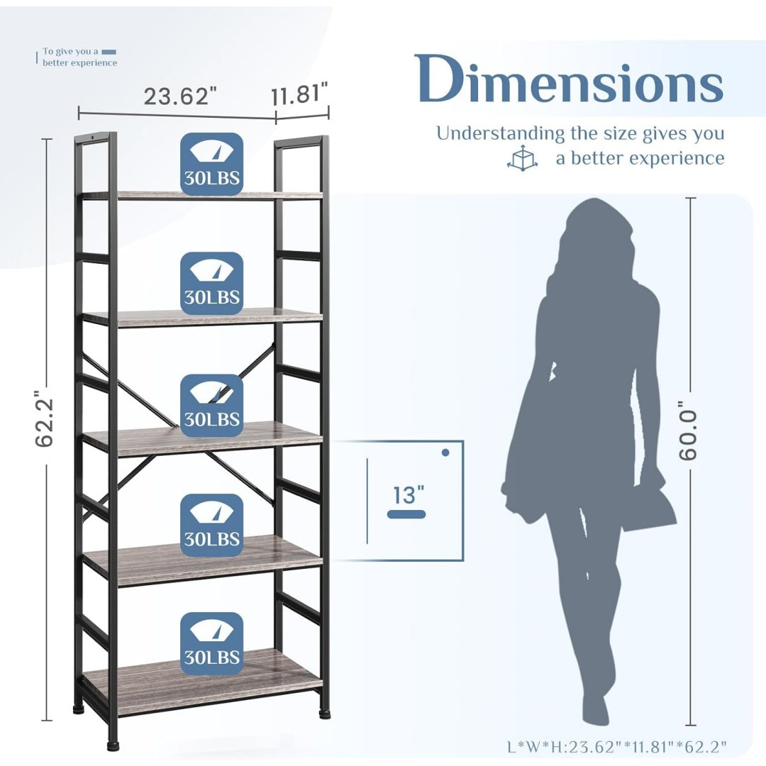 5-Tier Bookshelf - Modern Storage Rack for Home & Office