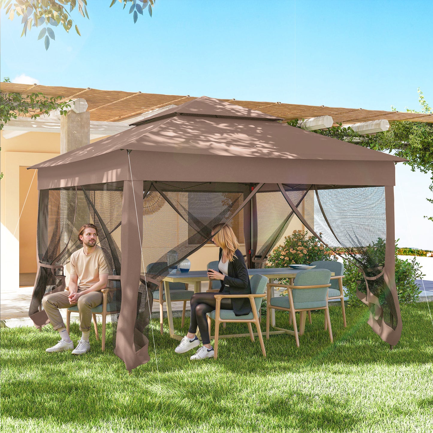 Pop Up Canopy Gazebo Shelter with Zipper Netting - Brown 11x11