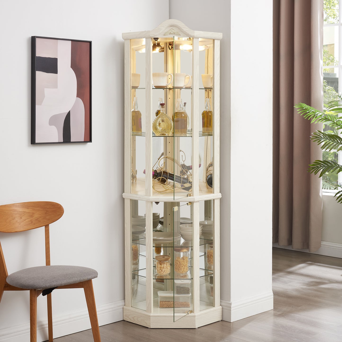 Glass Cabinet Lighted Corner Display Curio Cabinet, With Light