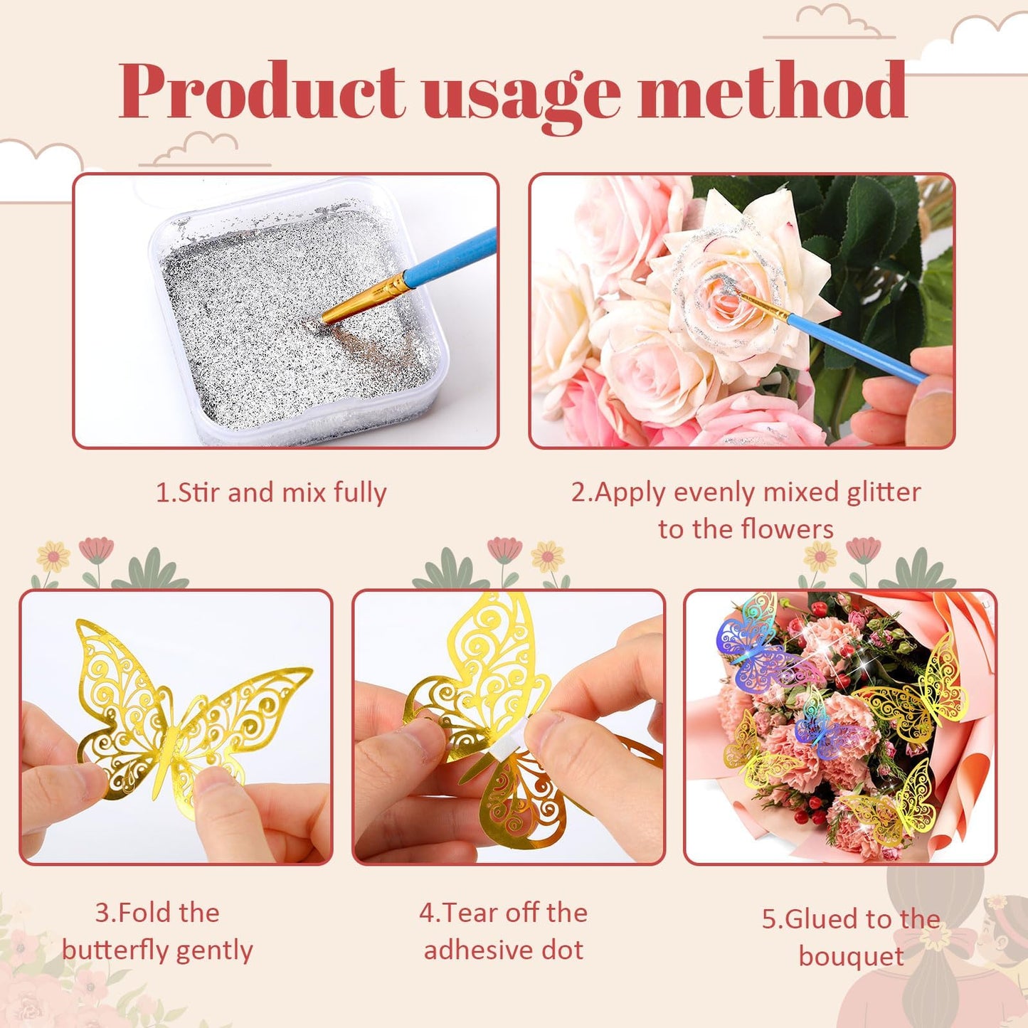 Flower Bouquet Accessories Set - 24pcs Butterflies & Crowns