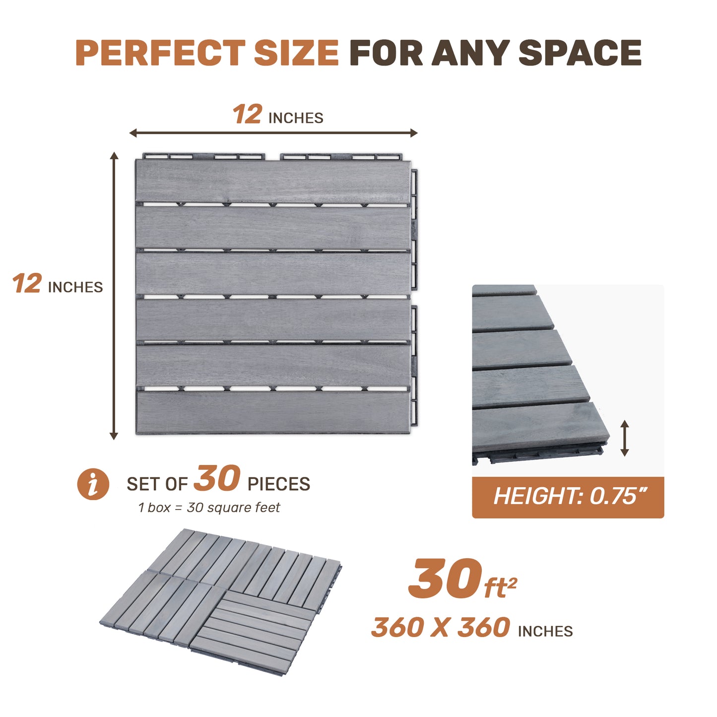 30 PCS Interlocking Deck Tiles - 12" x 12" Light Gray Acacia Hardwood Flooring