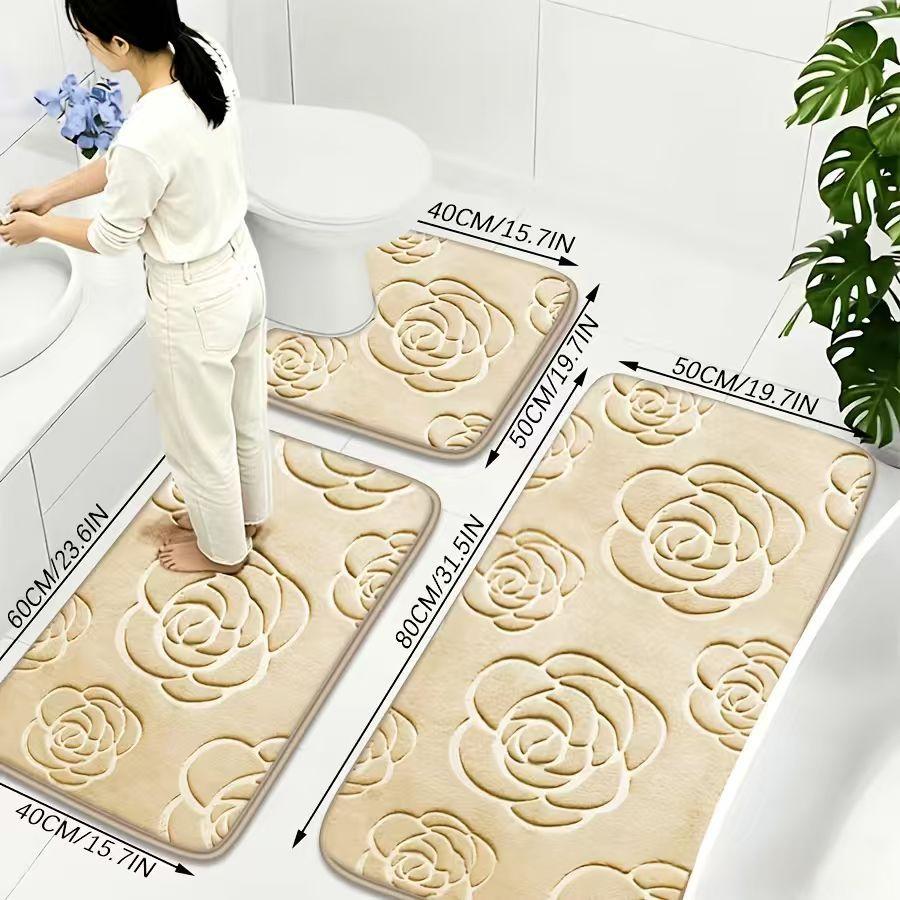 Rose Patterned Non-Slip Coral Fleece Bathroom Mat Set - Gray