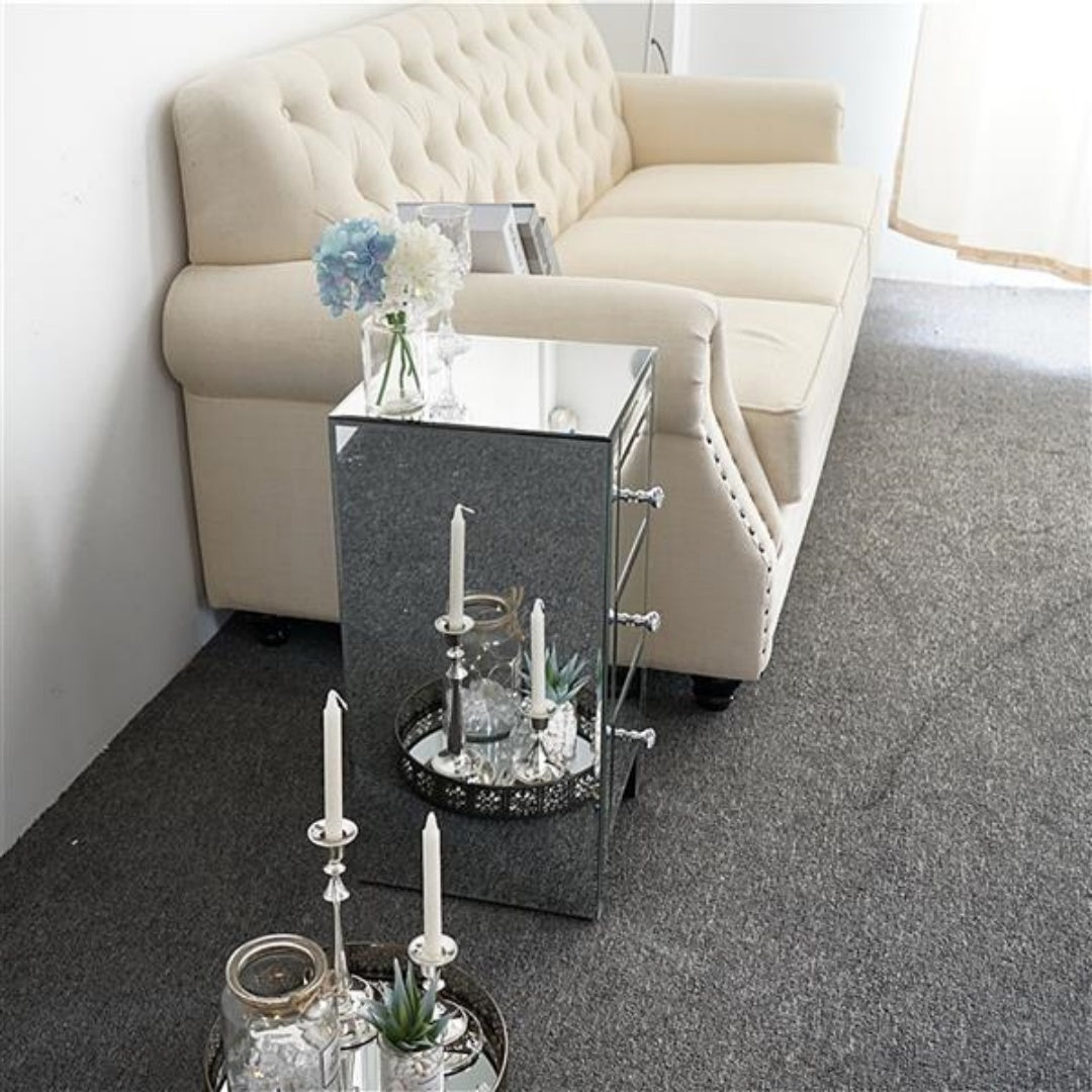 Mirrored Glass Bedside Table with 3 Drawers - Silver