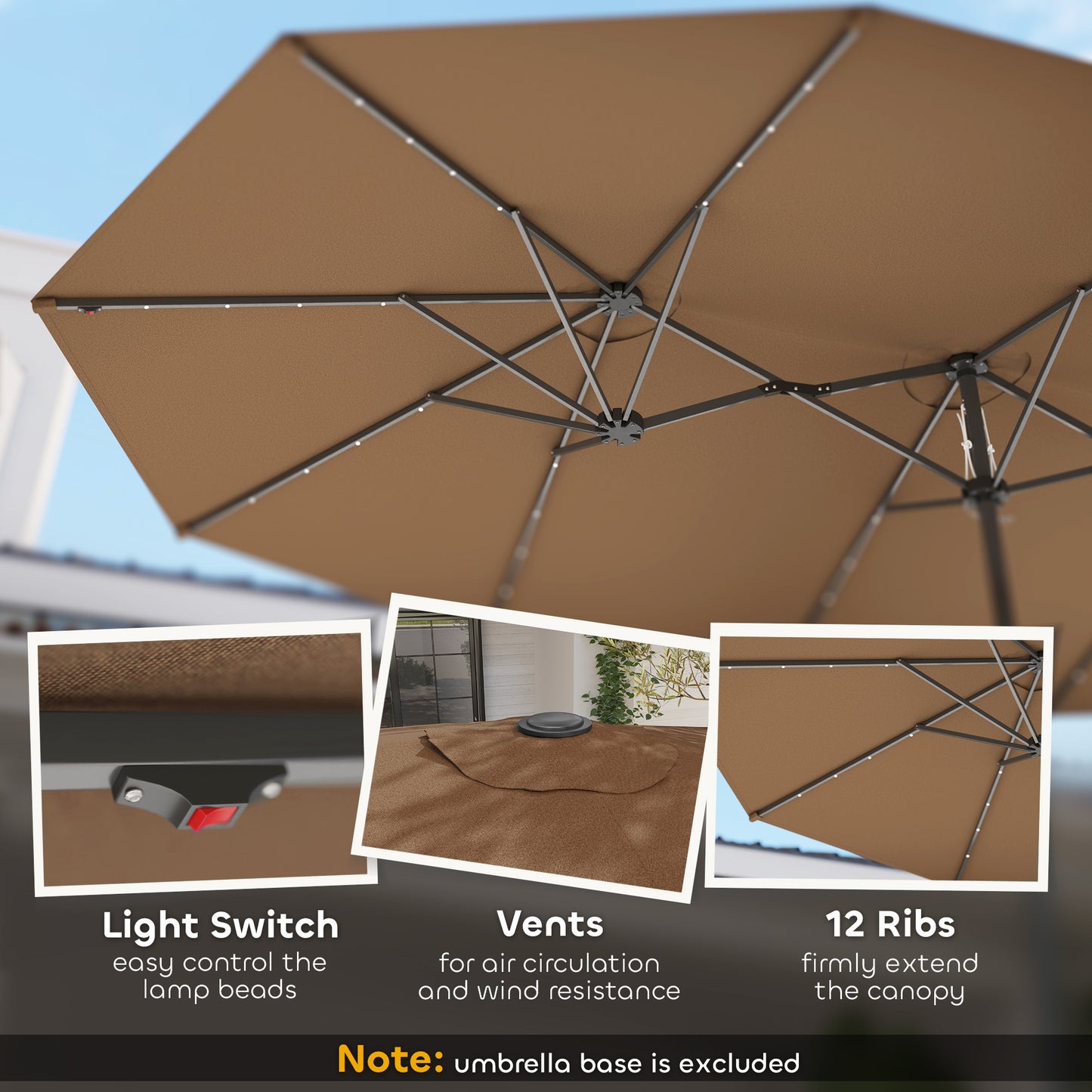 Double-Sided Sun Umbrella with Solar LED Lights - Coffee
