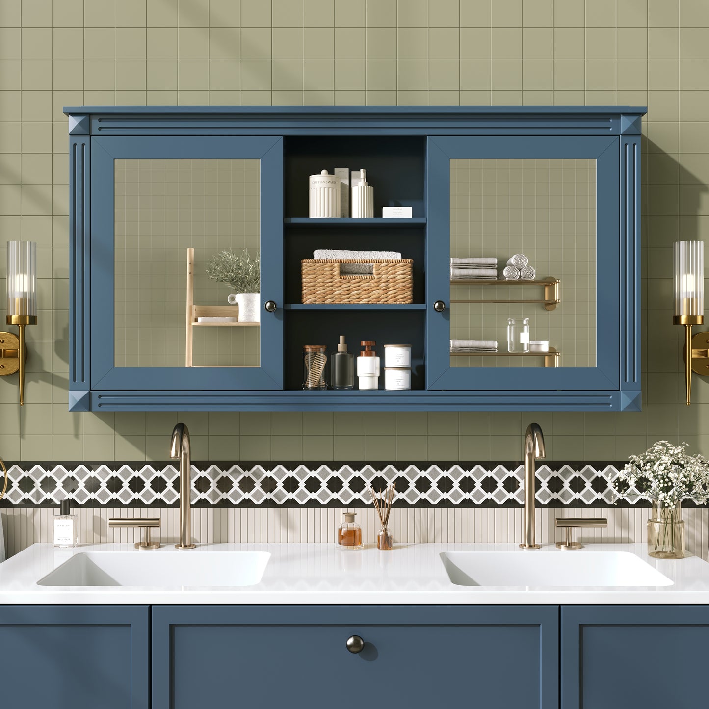 55 Inch Wall-Mount 2-in-1 Mirror Cabinet With Adjustable Shelves,
