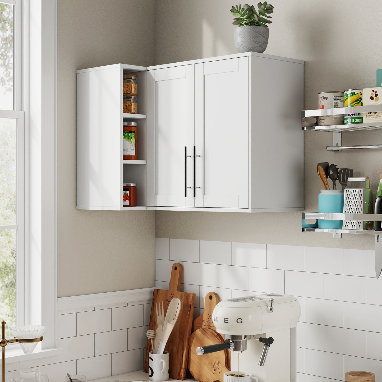 L Shape Wall Mounted Kitchen Sideboard Cabinet - White
