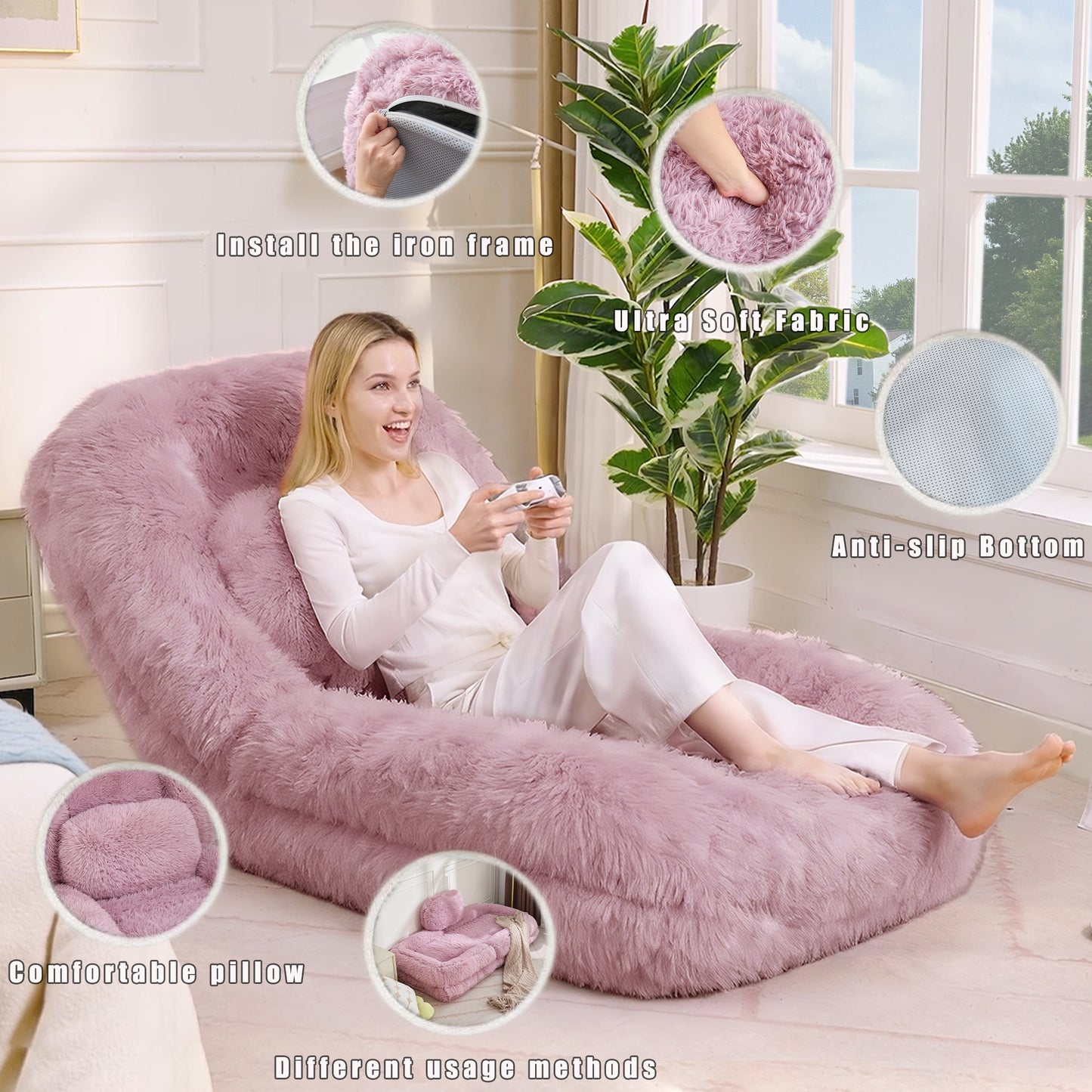 Adjustable Lazy Sofa Bed - Plush Fabric, Pink