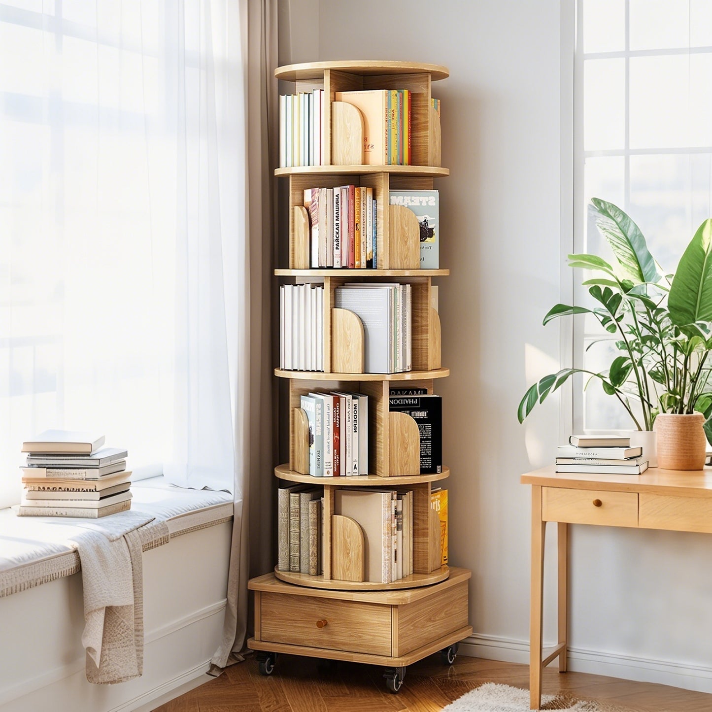 6 Tier Rotating Bookshelf, Display Round Spinning Bookshelf With