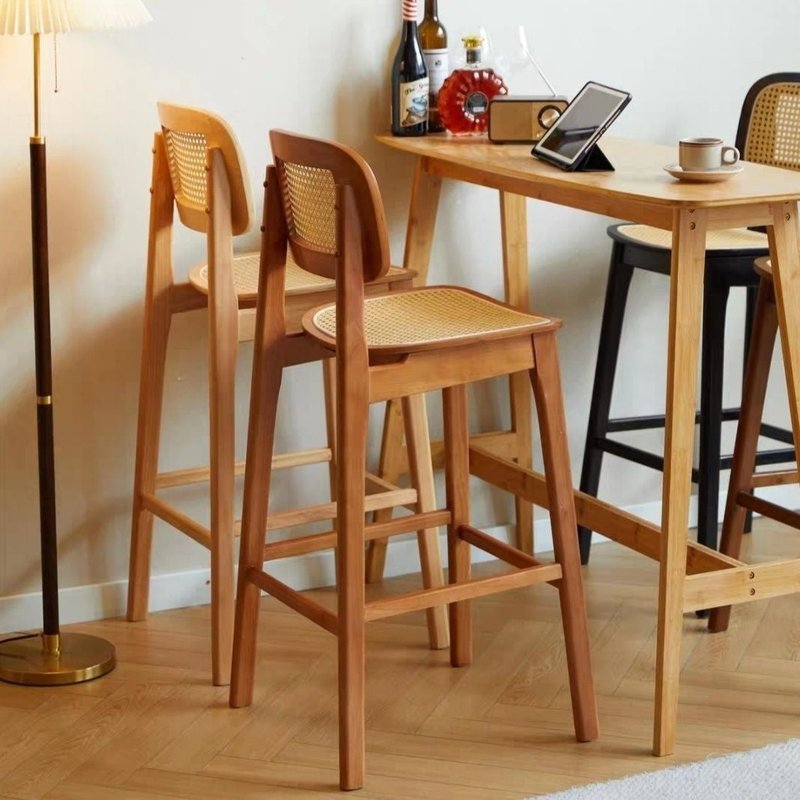 Simple Modern Oval Rattan-Woven Solid Wood Bar Stool for Kitchen or Bar