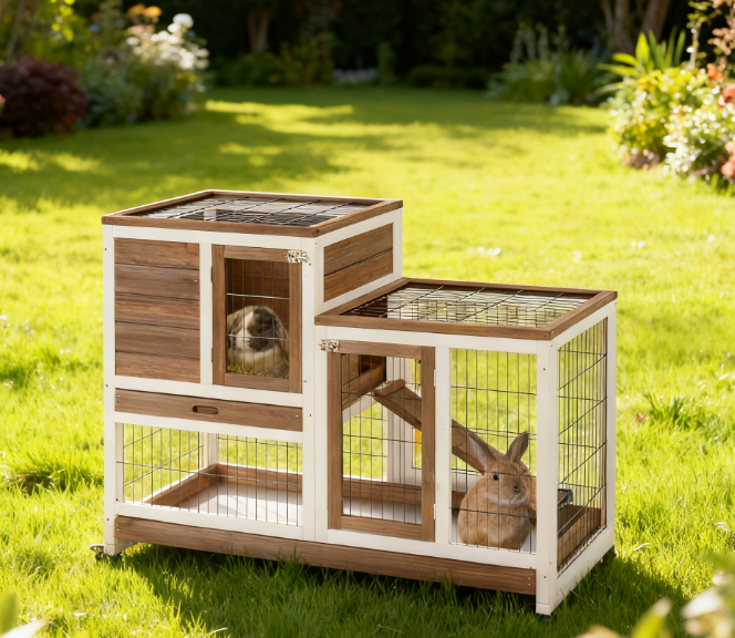Elevated Wooden Rabbit Hutch with Wheels and Removable Trays - Brown & White