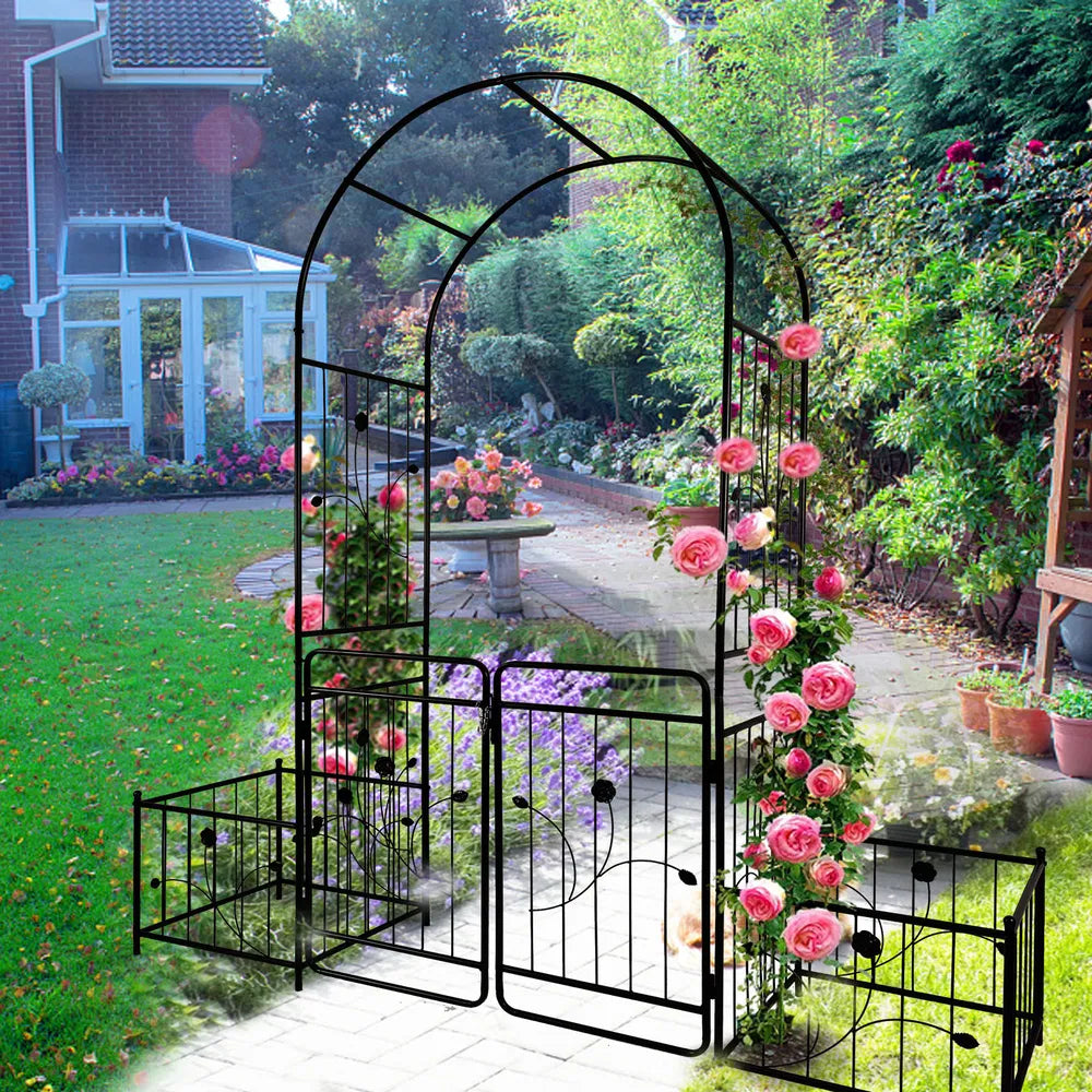 Metal Garden Arch with Gate for Climbing Plants - 79.5" x 86.6" - Black