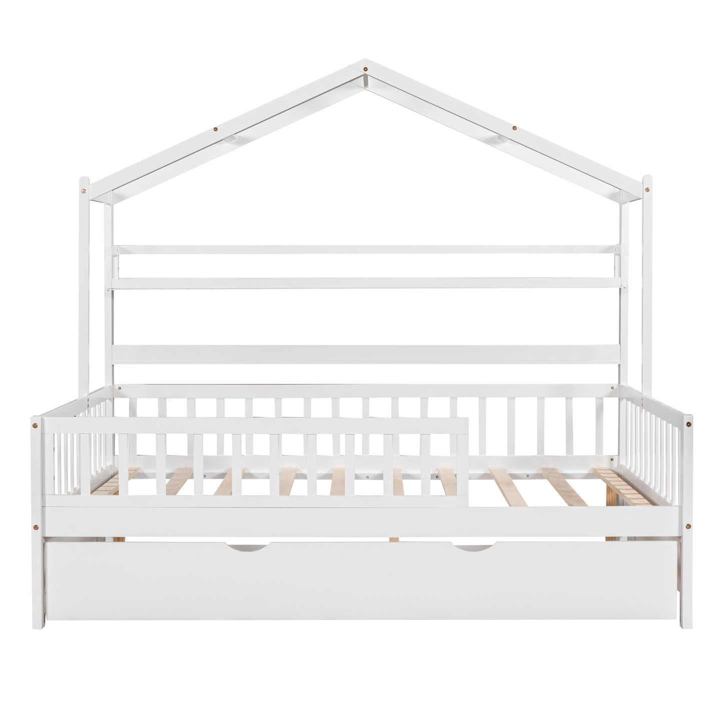 Wooden Full Size House Bed With Twin Trundle,Kids Shelf, White Old