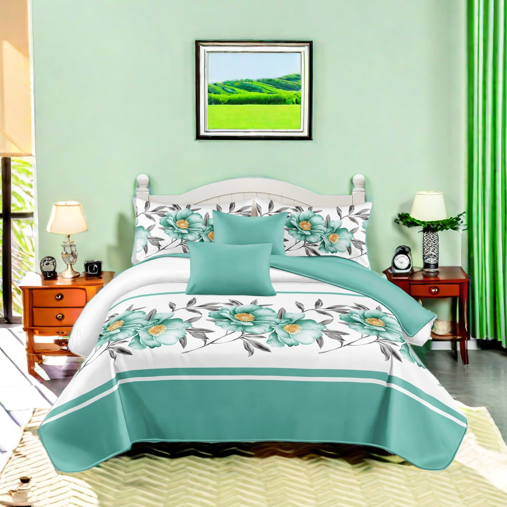 9-Piece Teal Floral Bedding Set with Customizable Curtains