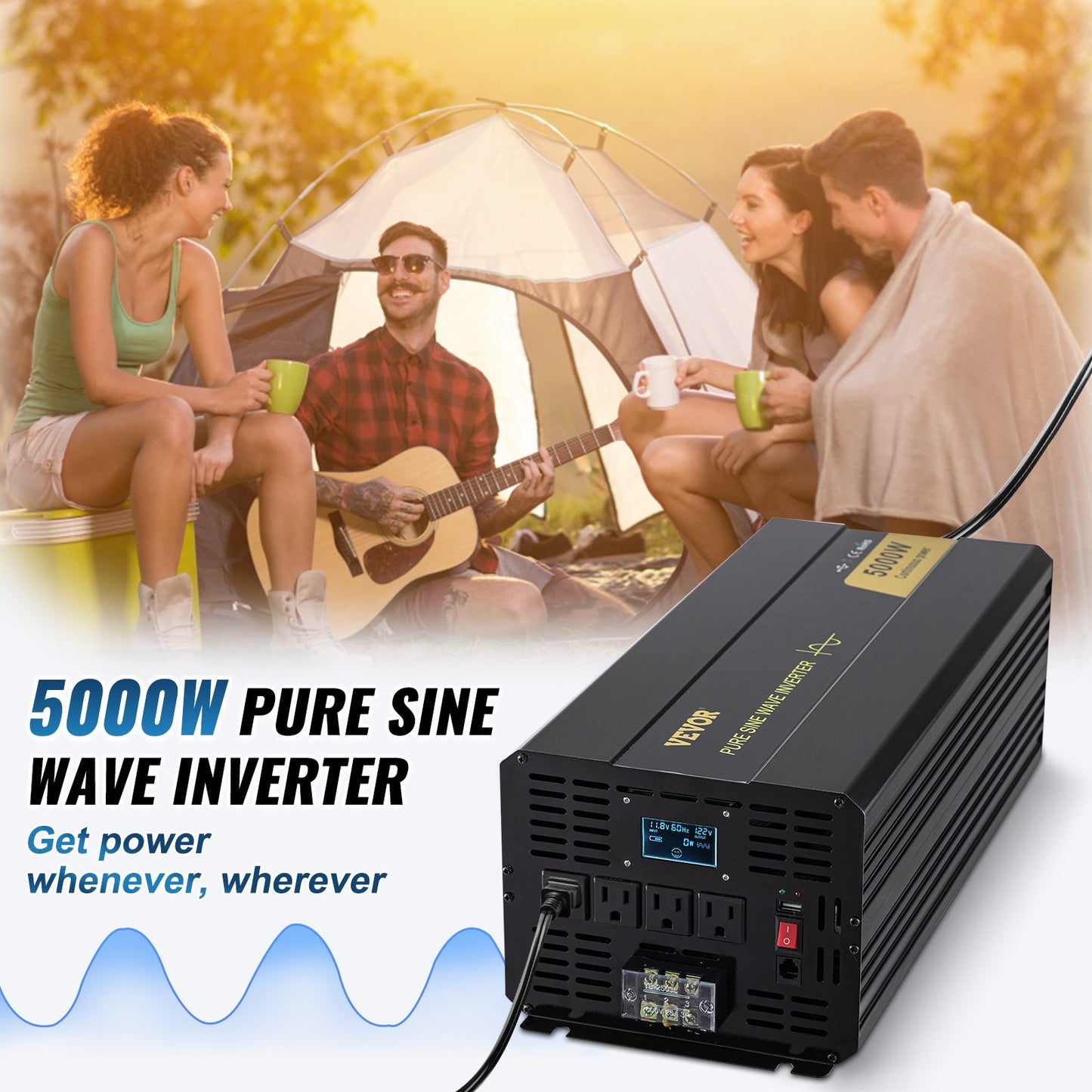 5000W Pure Sine Wave Power Inverter 12V DC to 120V AC with LCD Remote