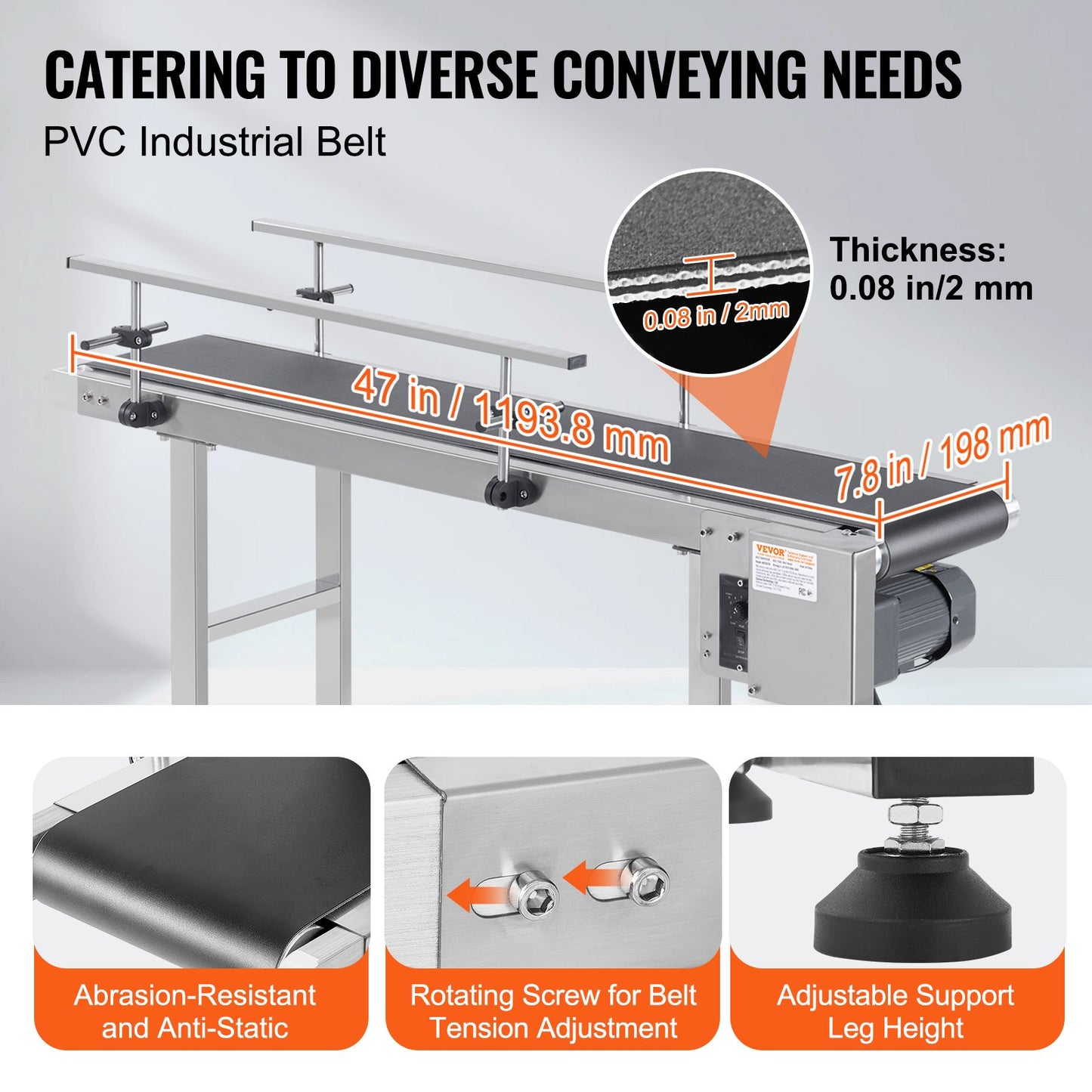 Heavy Duty Stainless Steel Belt Conveyor 47 Inch PVC Anti-Static Adjustable Speed