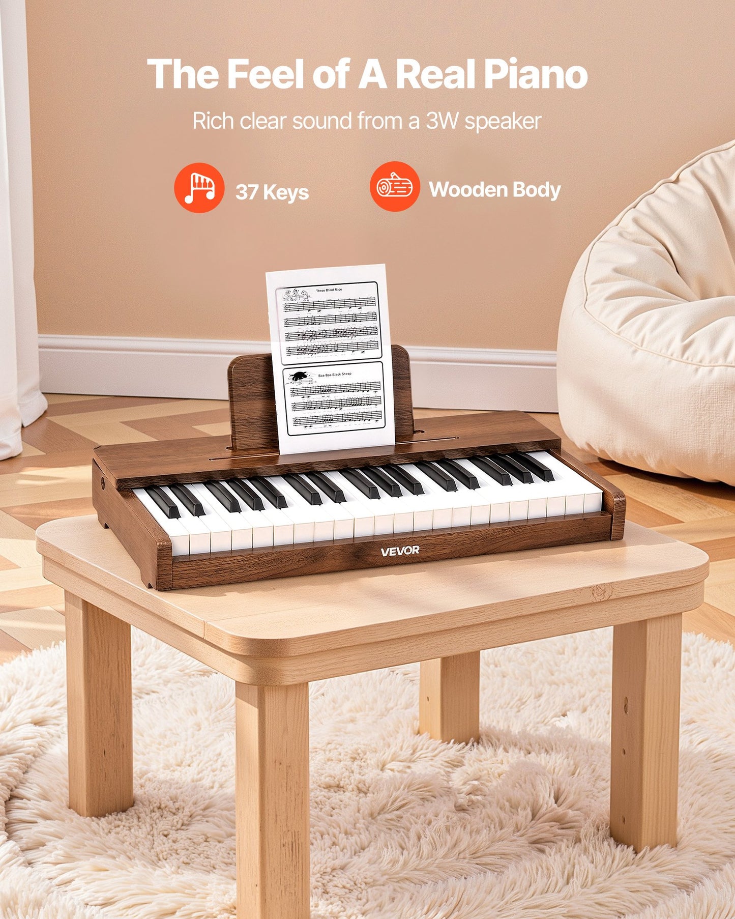 Kids Wooden Piano Keyboard - 37 Keys Digital Musical Instrument for Toddlers
