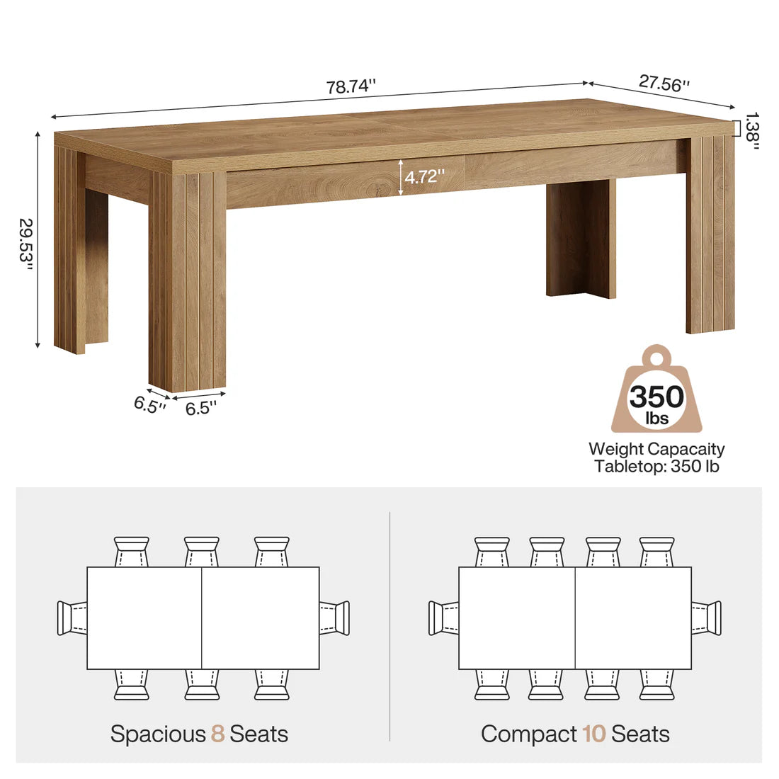 Spacious Farmhouse Dining Table - Vintage Brown Finish