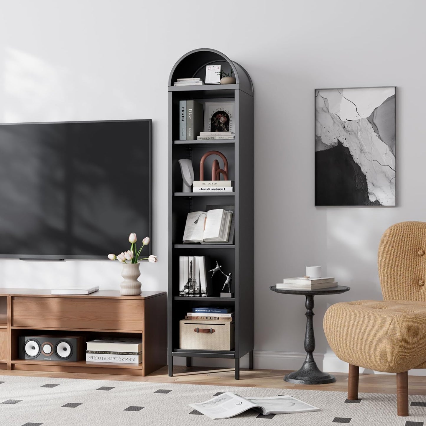 6-Tier Metal Arch Bookshelf - Freestanding Storage Organizer - Black
