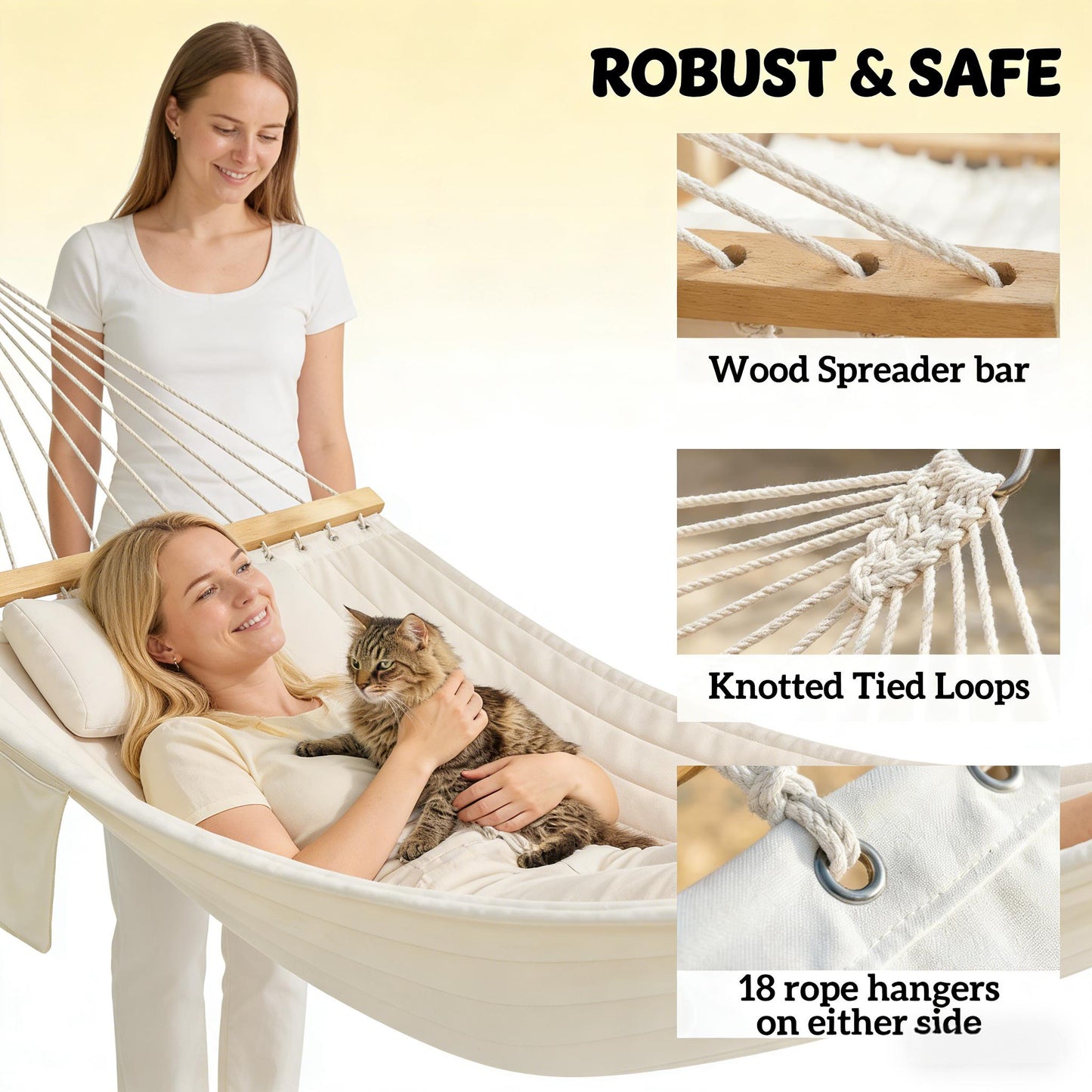 Double Hammock with Quilted Padding for Patio & Garden