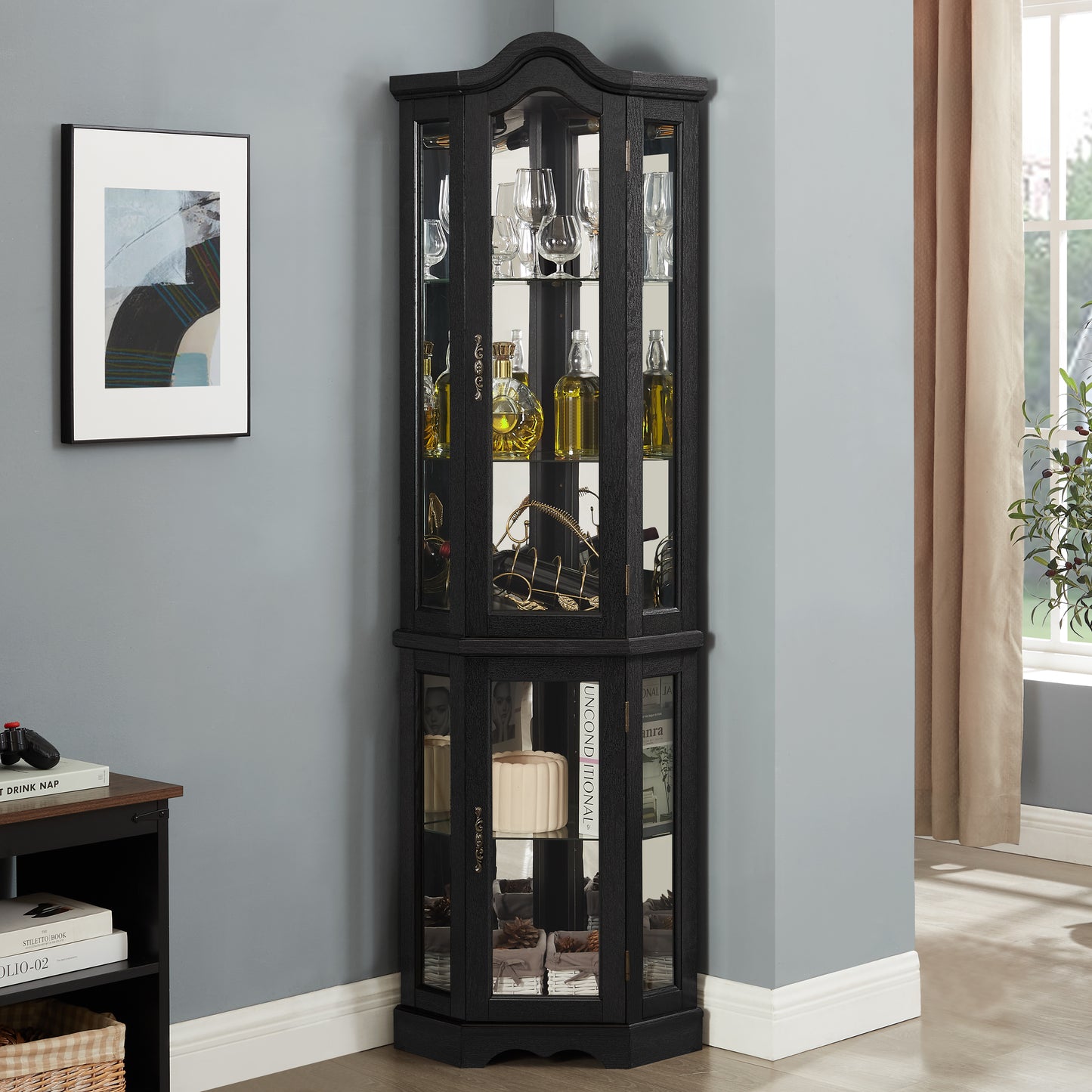 Lighted Corner Curio Cabinet With Tempered Glass Doors & Shelves -