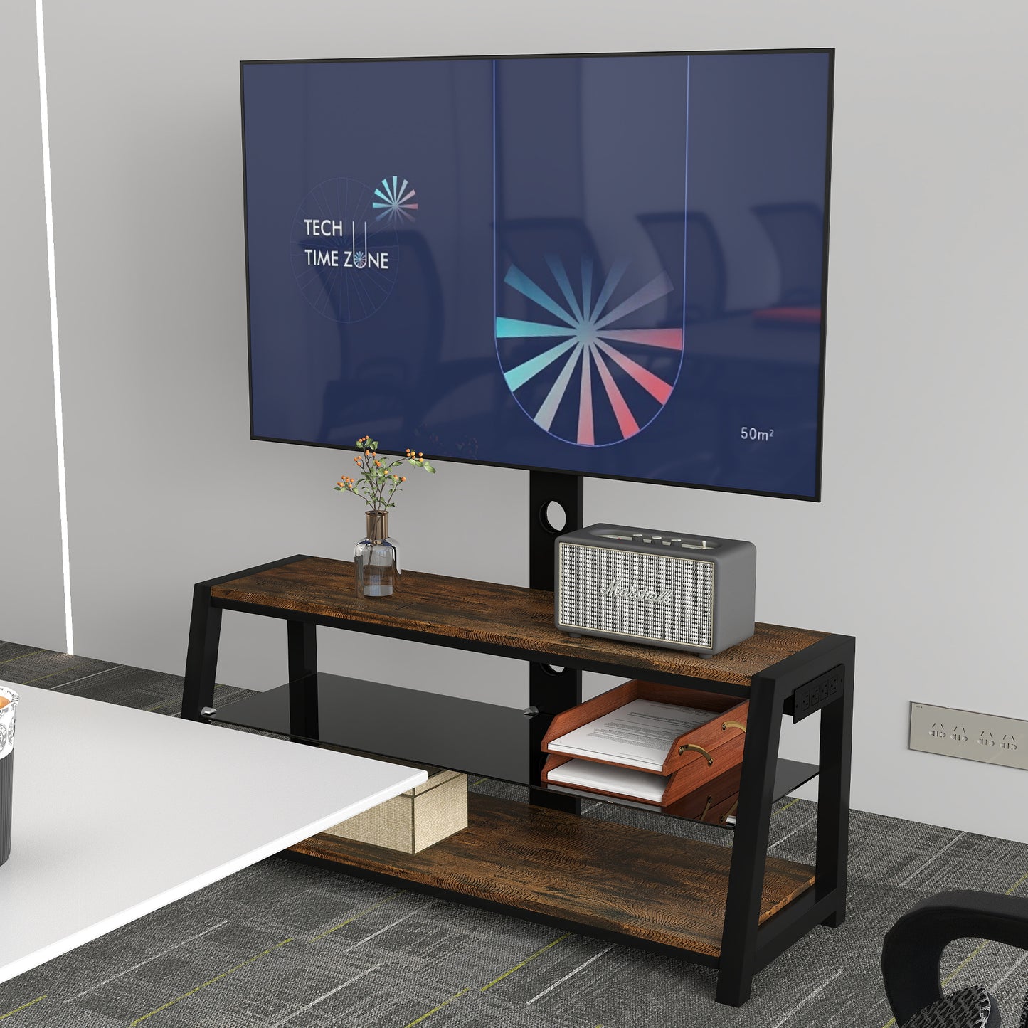 Height Adjustable Wooden TV Stand with Black Tempered Glass - Acacia Wood