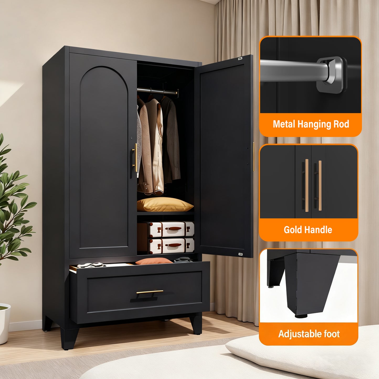 60-Inch Tall Metal Wardrobe Cabinet with Drawer and Shelf - Black