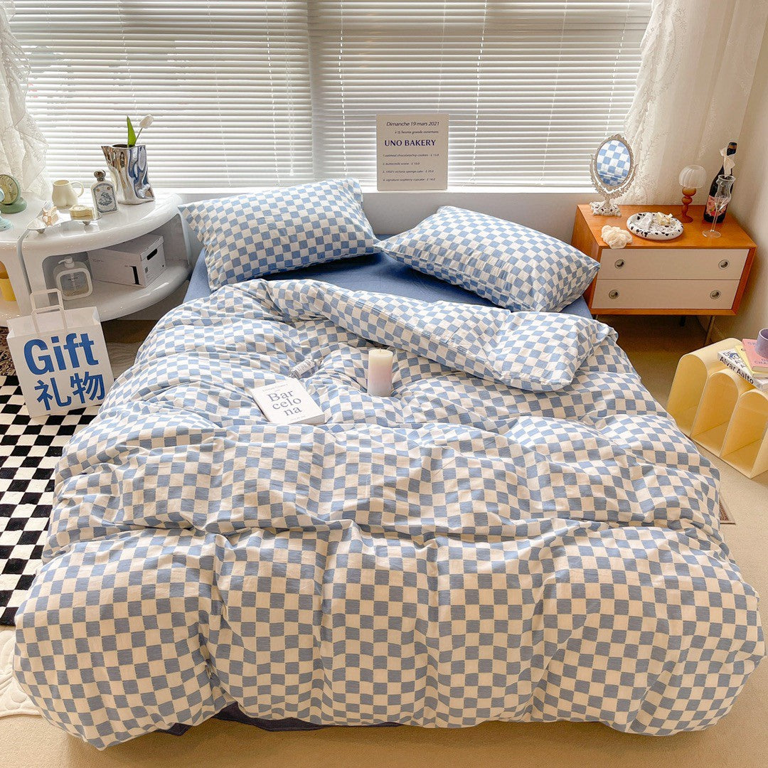 Cotton Checkered Bed Set - 4 Pieces Modern Geometric Bedding Collection