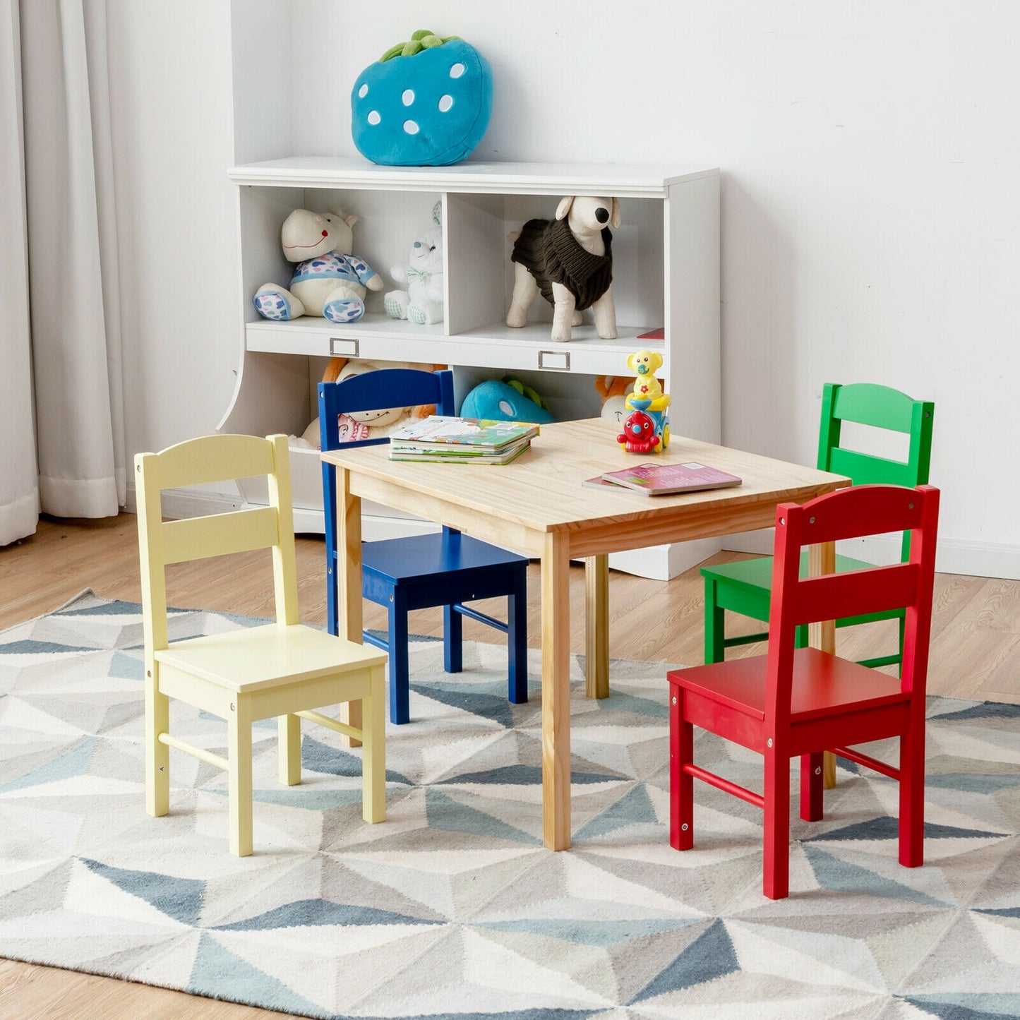 Kids Pine Wood Multicolor Table and Chair Set - 5 Pieces