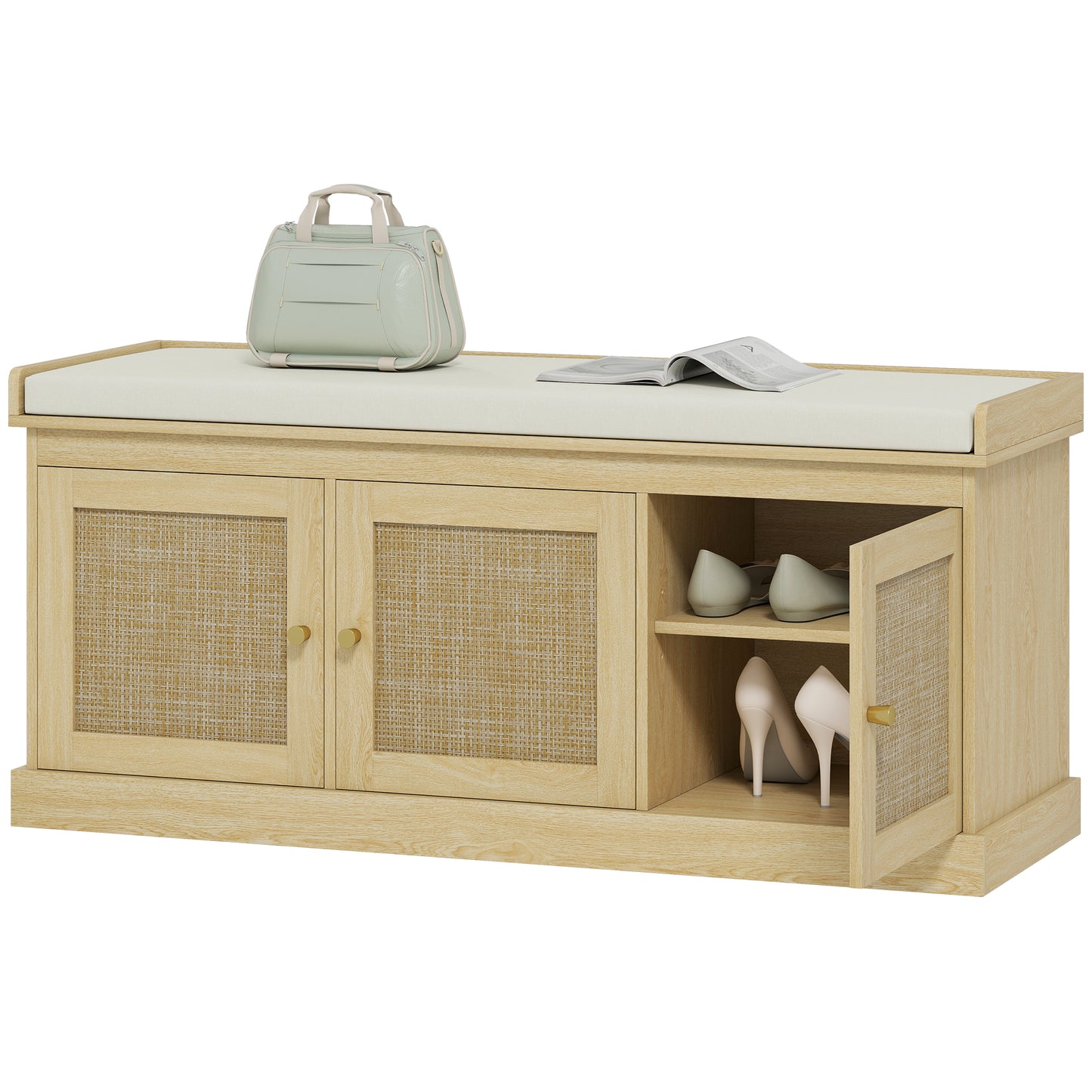 Shoe Storage Bench with Woven Rattan Doors - Cream White Oak