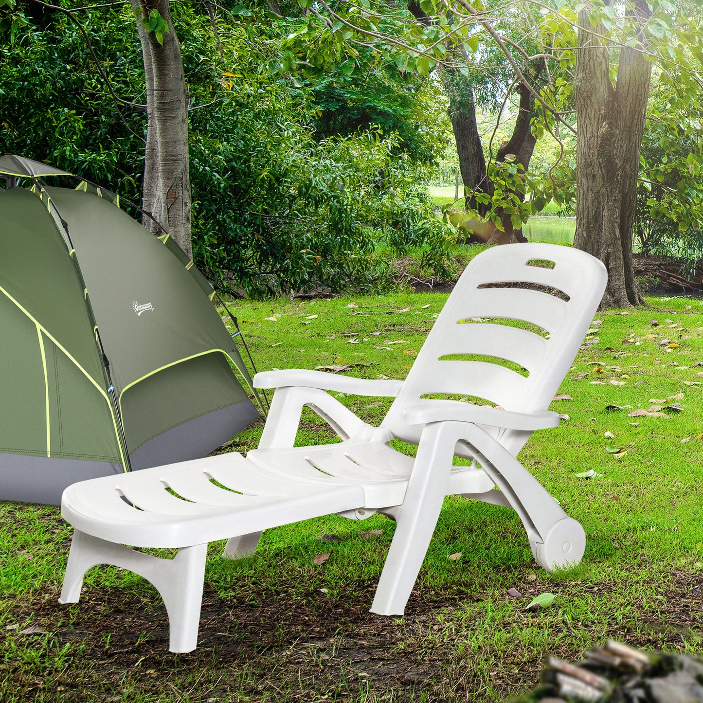 Adjustable Outdoor Chaise Lounge Chair with Wheels - White