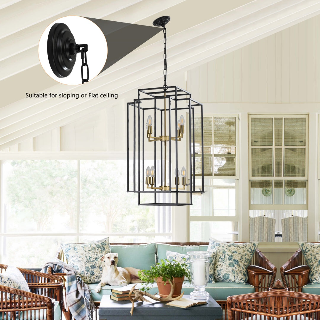 Modern 8-Light Black Gold Geometric Pendant Chandelier