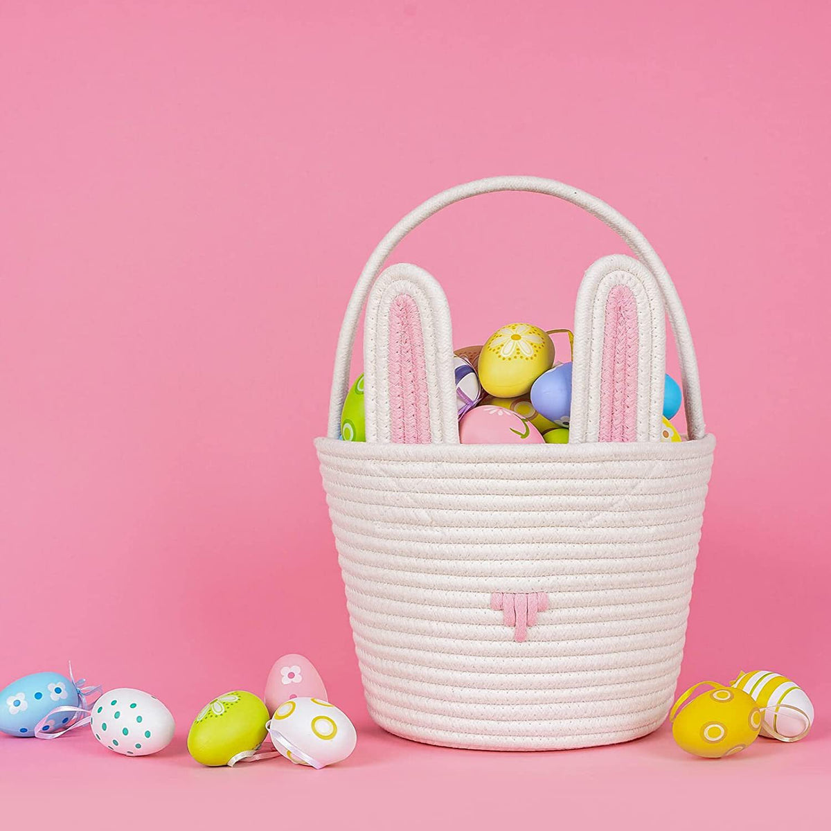 Easter Egg Handwoven Cotton Basket with Cartoon Rabbit Design – Multi-Color Storage Bag