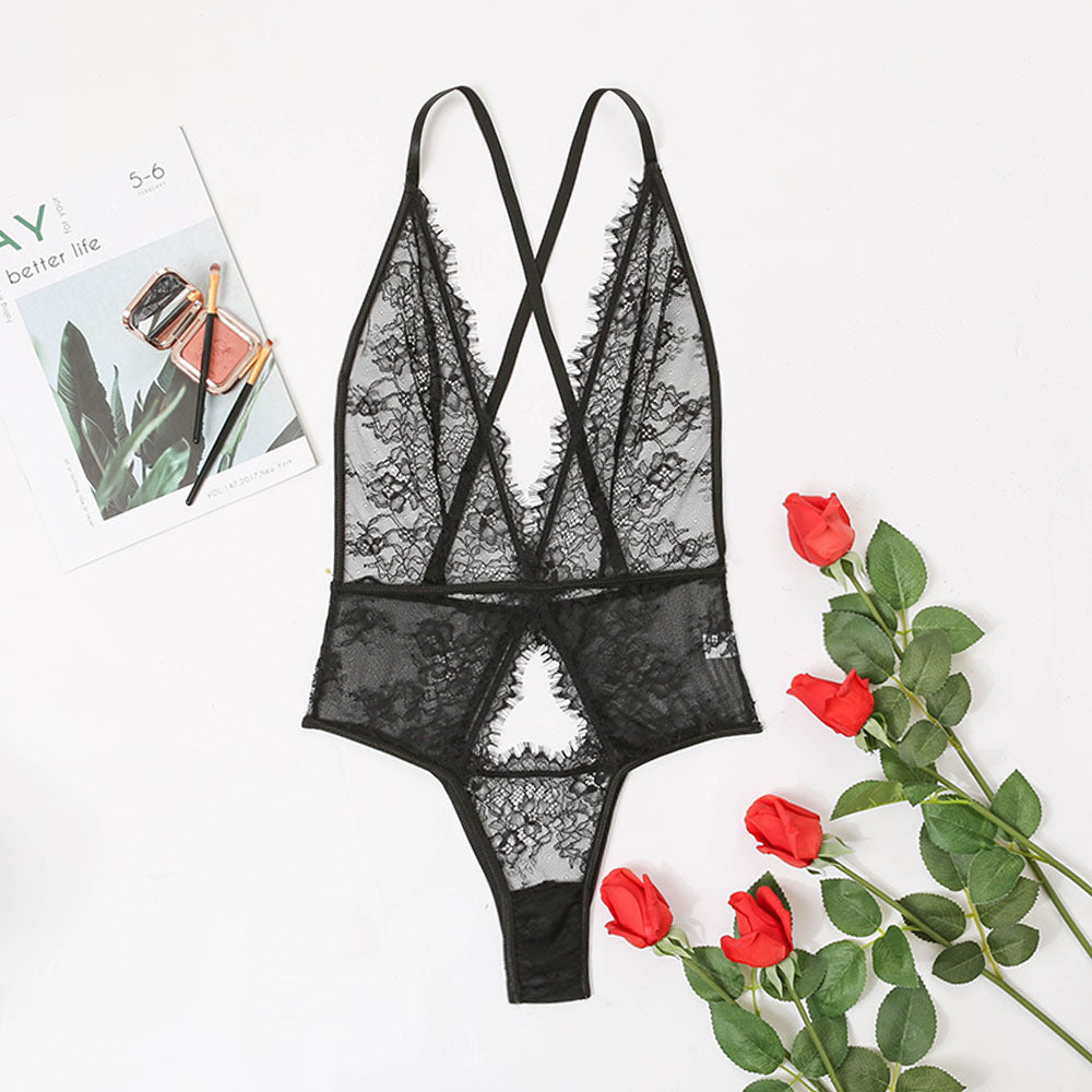 Lace Bodysuit with Deep V Neck and Waist Shaping - Black, S/M