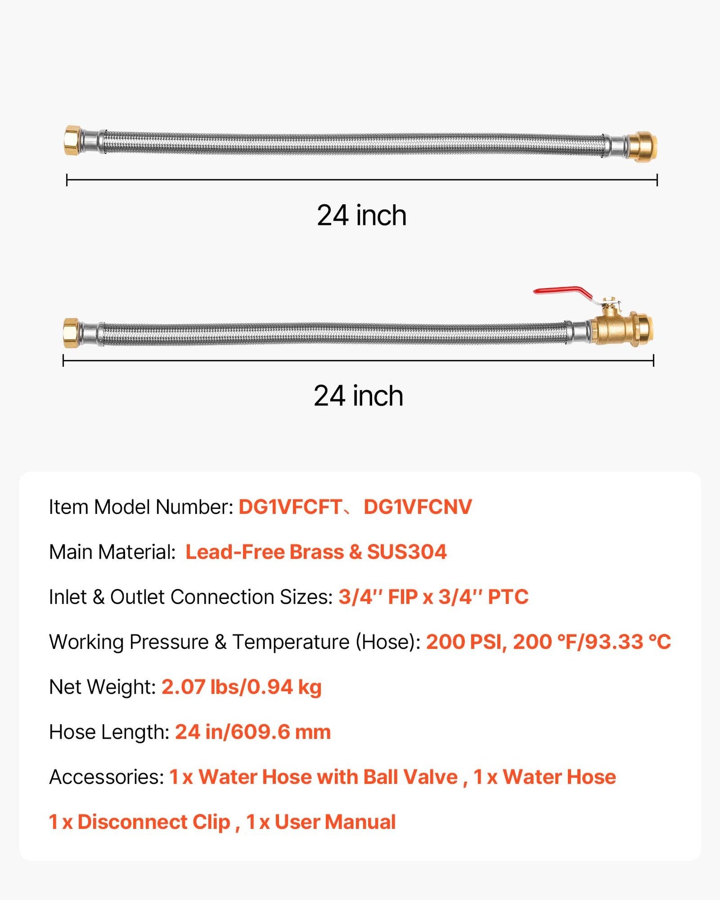 Water Heater Connector Kit with Push-Fit Valve, Stainless Steel Braided Hose, 3/4" FIP x 3/4" PTC, Black