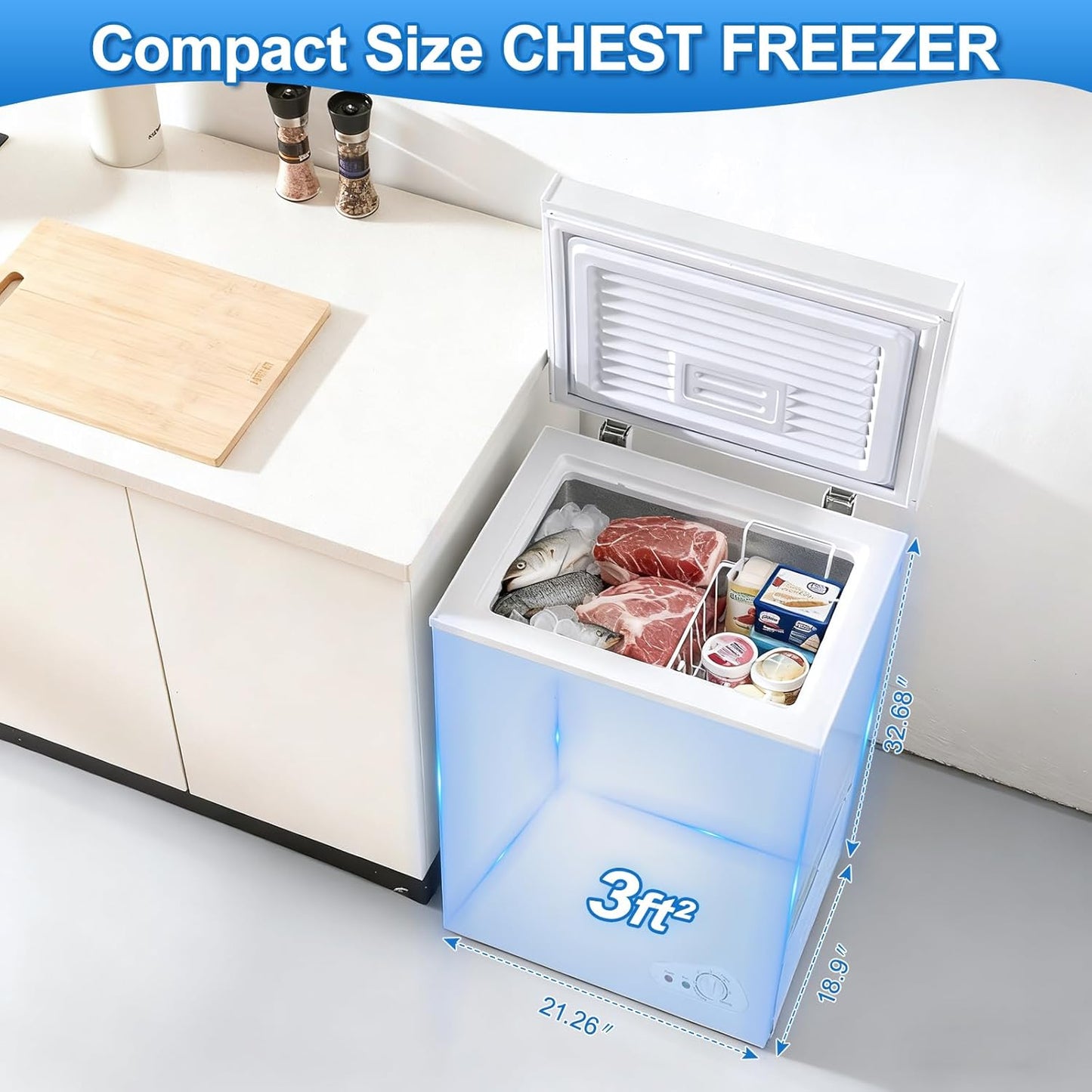 3.5 Cu.Ft Small Chest Freezer Compact Deep With 7-Level Temperature