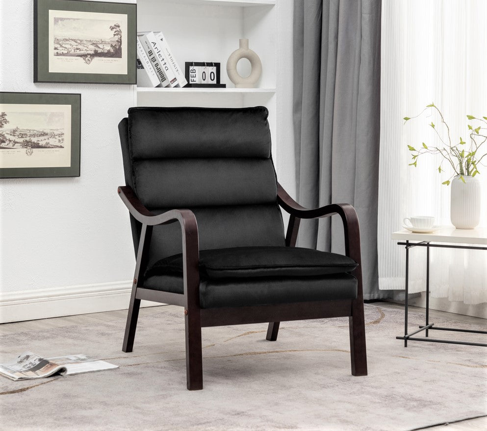 Mid-Century Modern Black Accent Chair With Wood Armrest, Upholstered