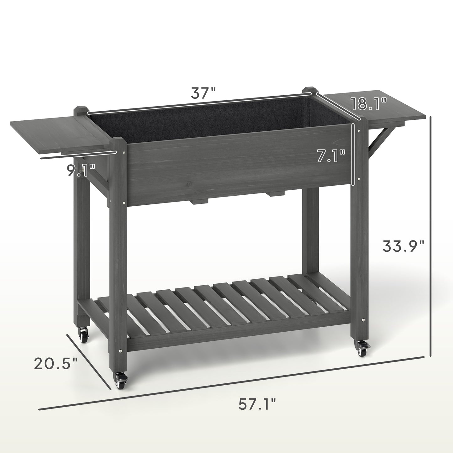 Wood Raised Garden Bed with Lockable Wheels & Side Tables - Gray