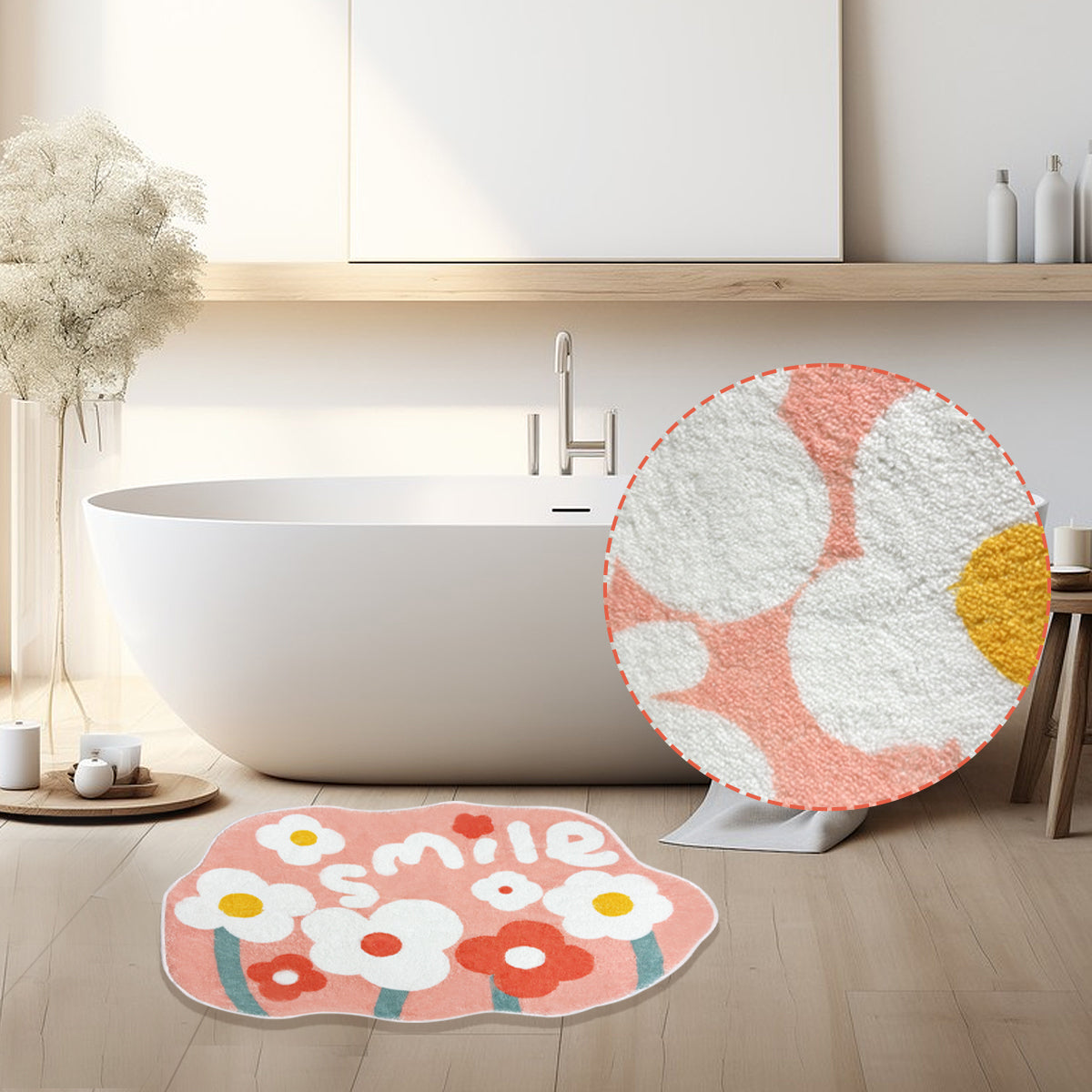 Pink Floral Shag Door Mat - 68x45 cm Polyester