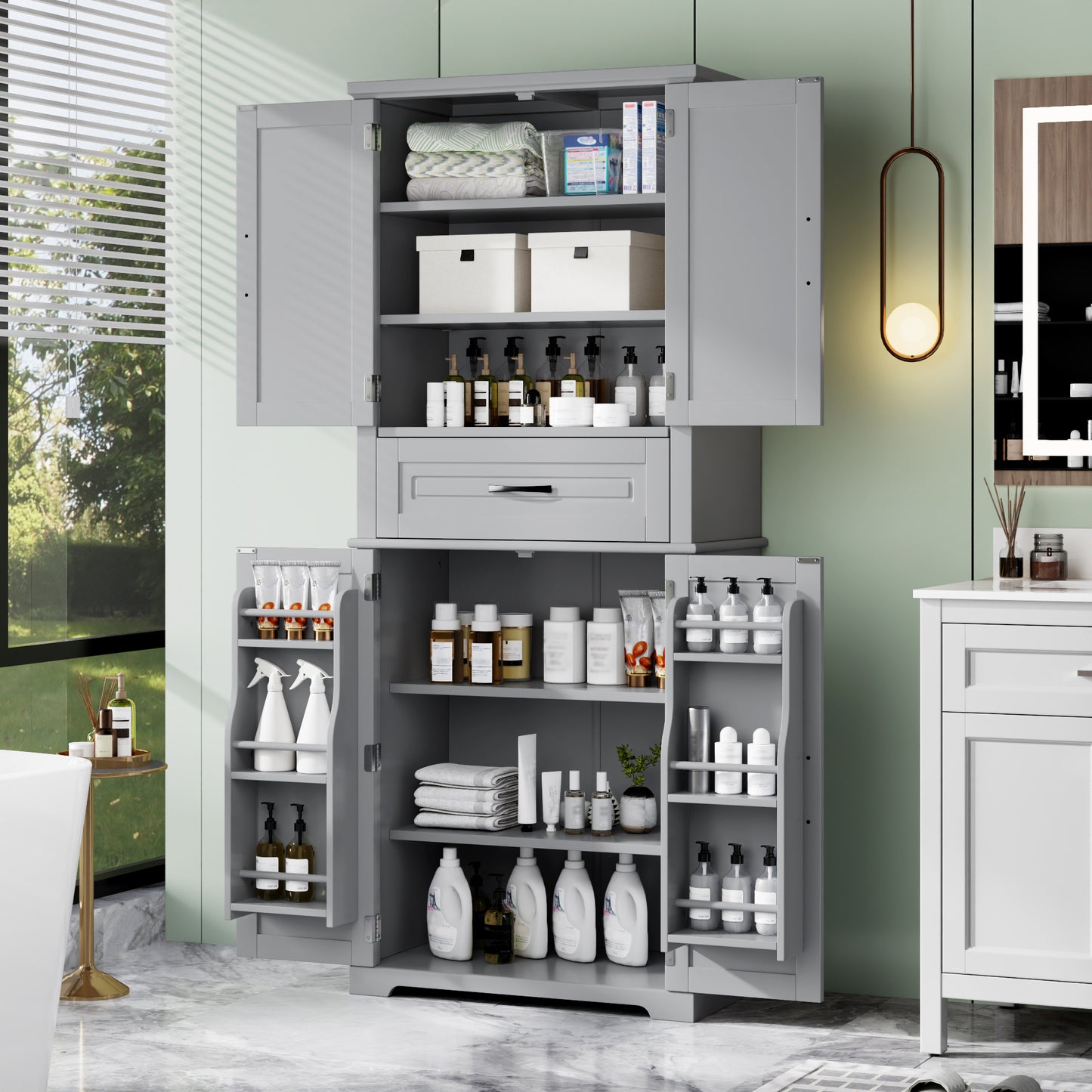Multi-Functional Bathroom Storage Cabinet with Adjustable Shelf - Grey