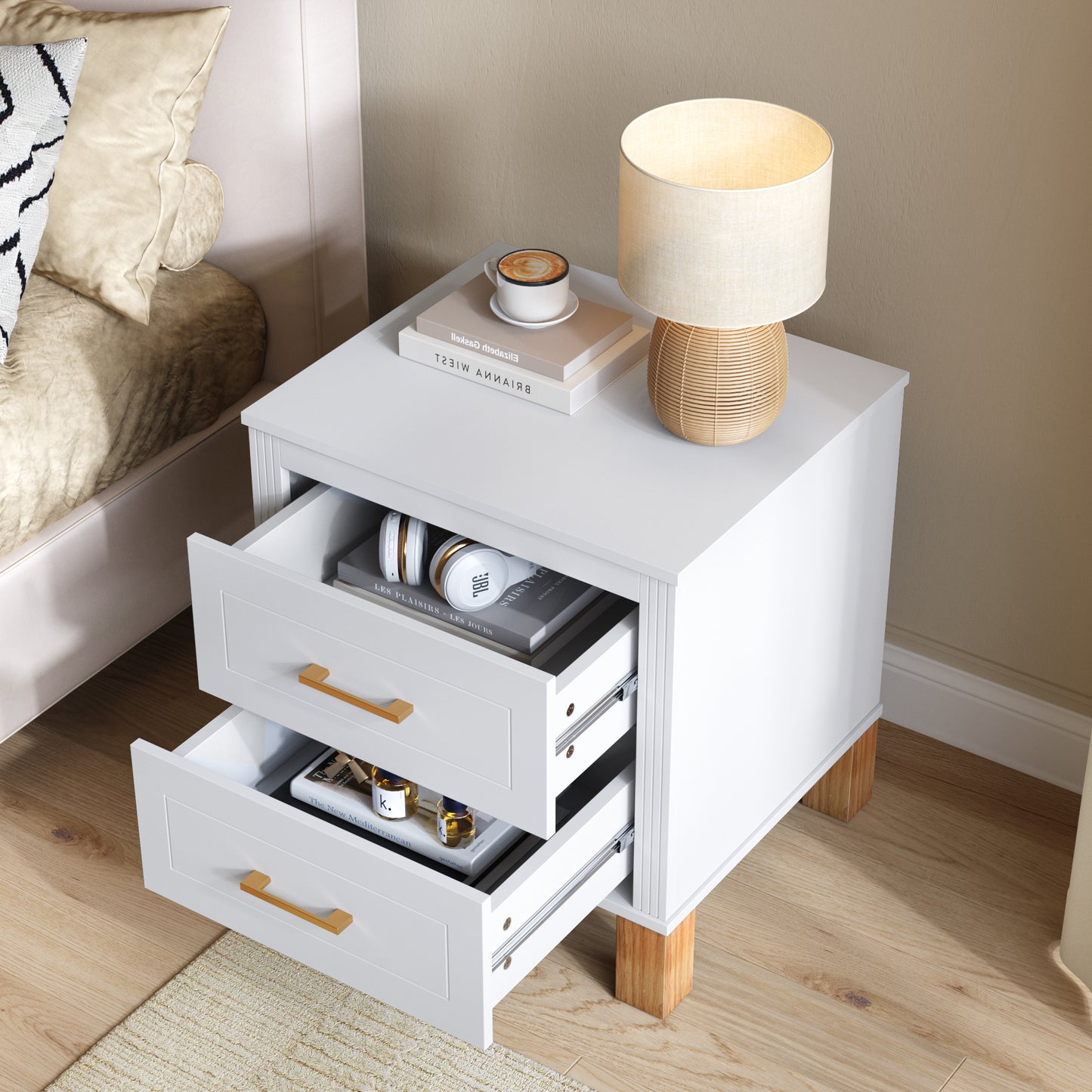 2 Drawer Nightstand with Elegant Fluted Design - White