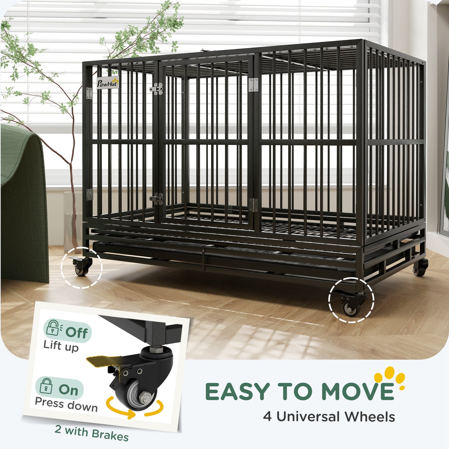 Heavy Duty Metal Dog Crate 48 Inch with Lockable Wheels & Double Doors
